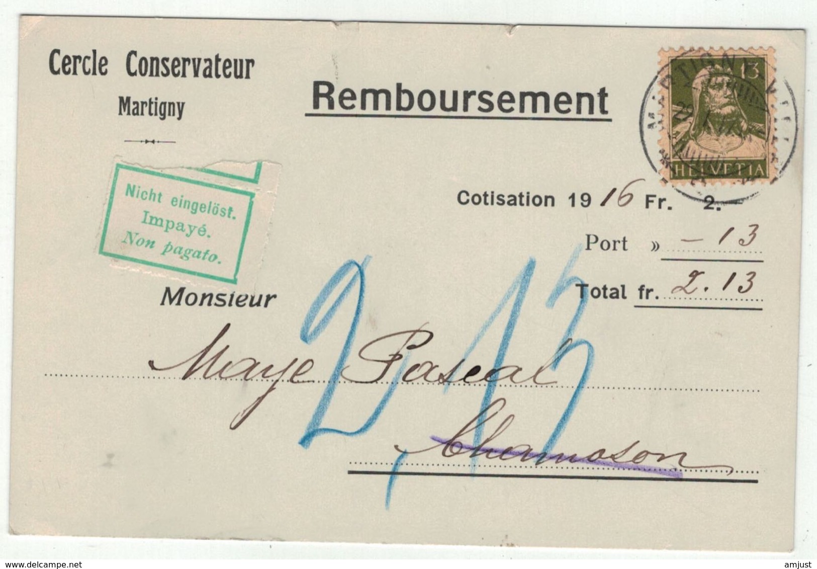 Suisse // Schweiz // Switzerland // 1907-1939 //  Carte De Remboursement 29.01.1917  Martigny - Lettres & Documents