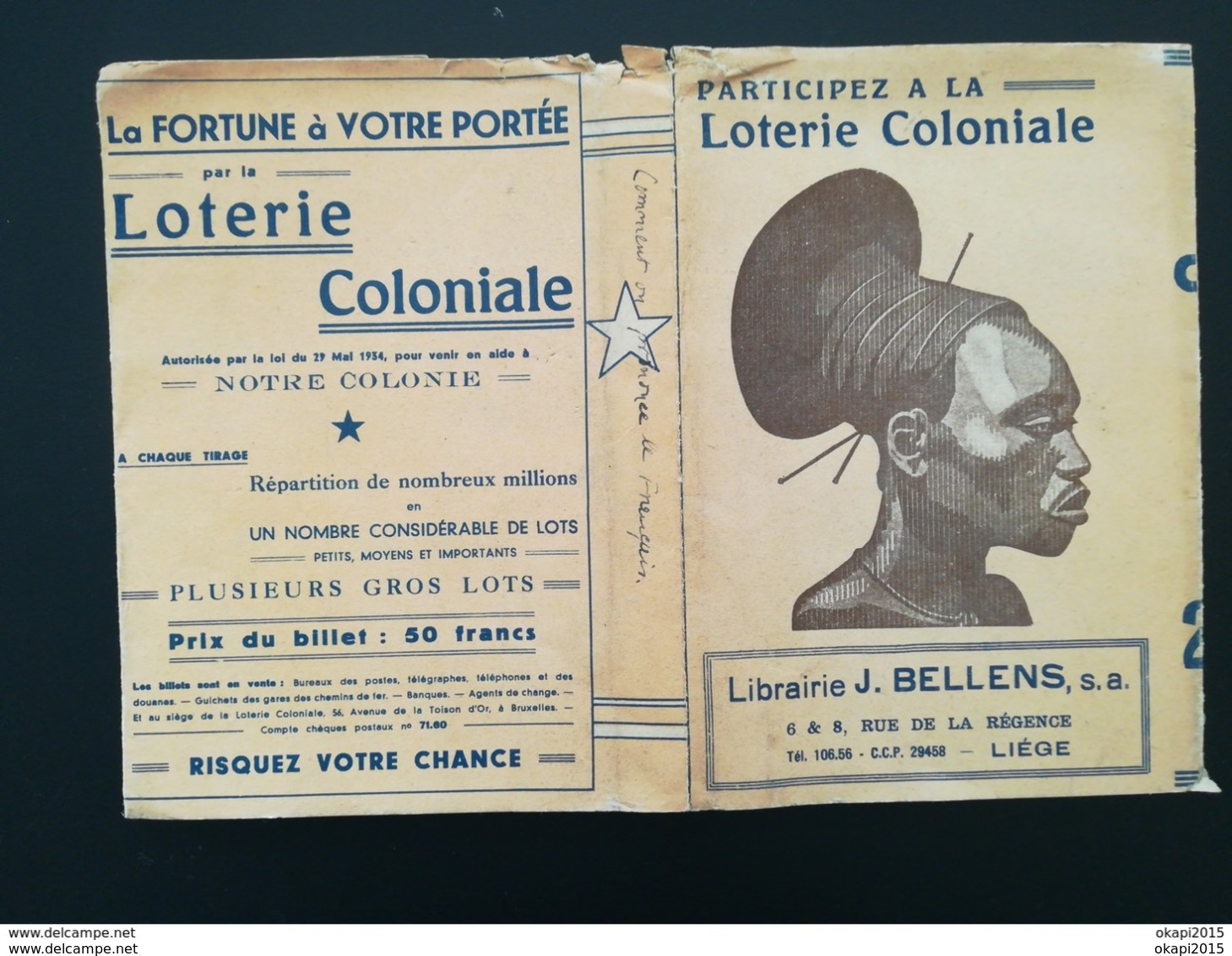 BELGISCH CONGO - BELGE VIEUX COUVRE - LIVRE ILLUSTRÉ TÊTE FEMME MANGBETU ÉTHNIQUES  LOTERIE COLONIALE  + CARTE POSTALE