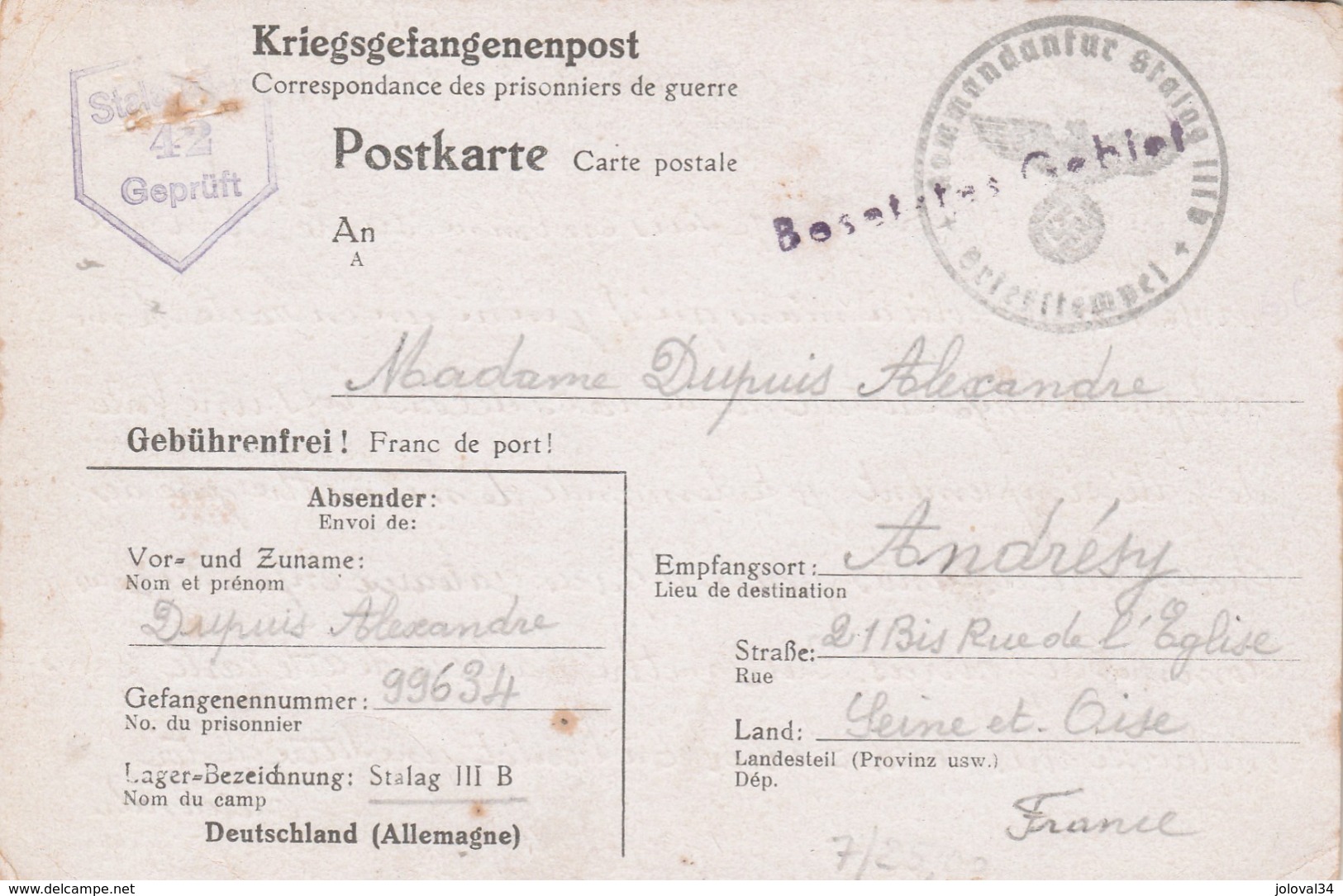 Correspondance Prisonnier De Guerre Stalag III B 22/1/1941 à Andrésy Seine Et Oise - Censure - WW II