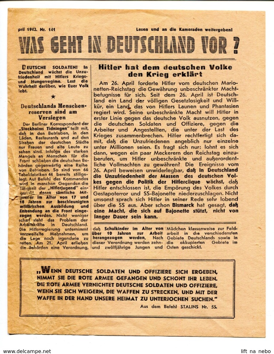 WWII Tract Flugblatt Leaflet Soviet Propaganda Against Germany "WAS GEHT IN DEUTSCHLAND VOR" 4.1942 Nr 141 CODE 1301 (4) - 1939-45