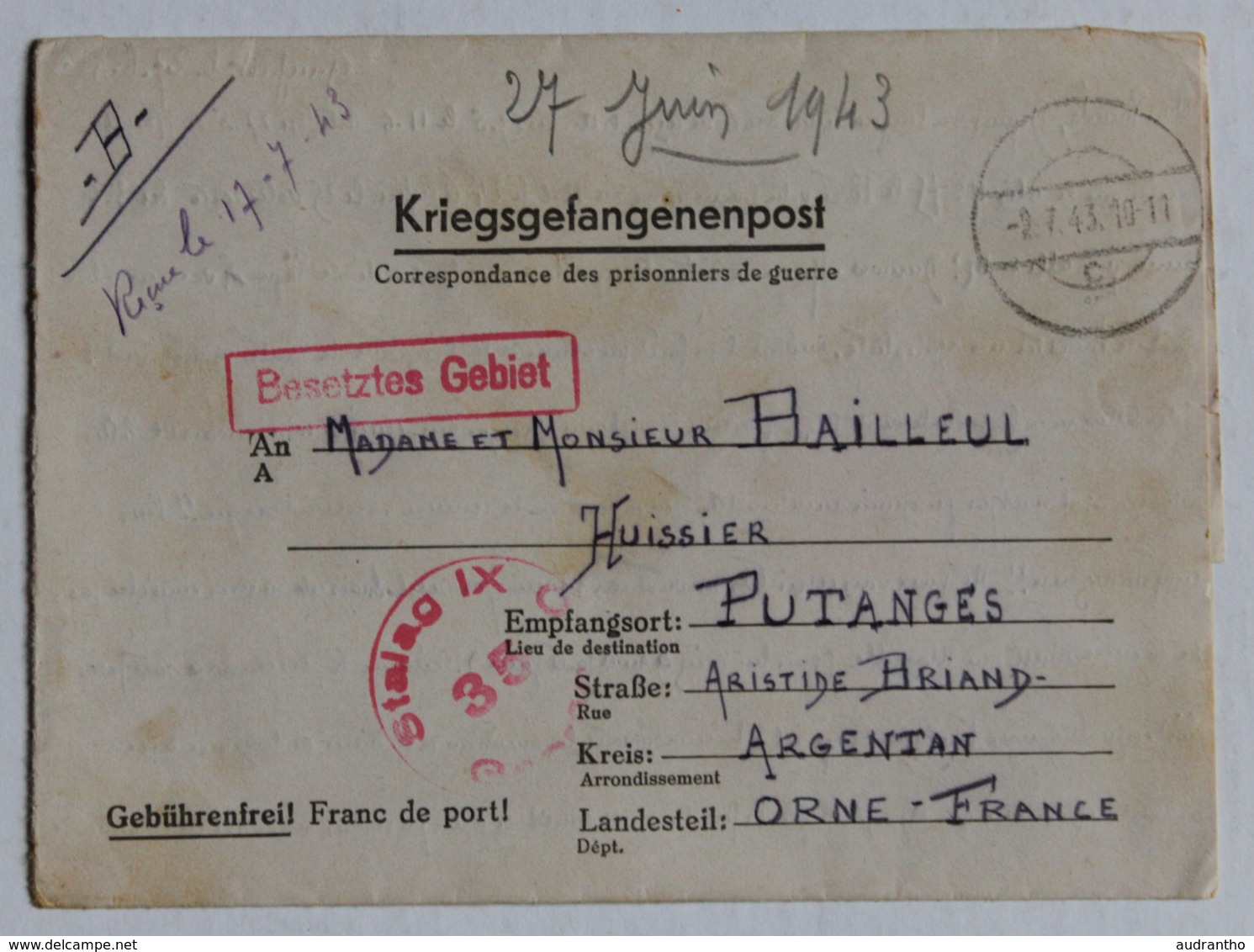 Correspondance Prisonnier Guerre Kriegsgefangenenpost Pierre Bailleul Putanges Stalag IXC 1943 Querfurt - Guerre 1939-45