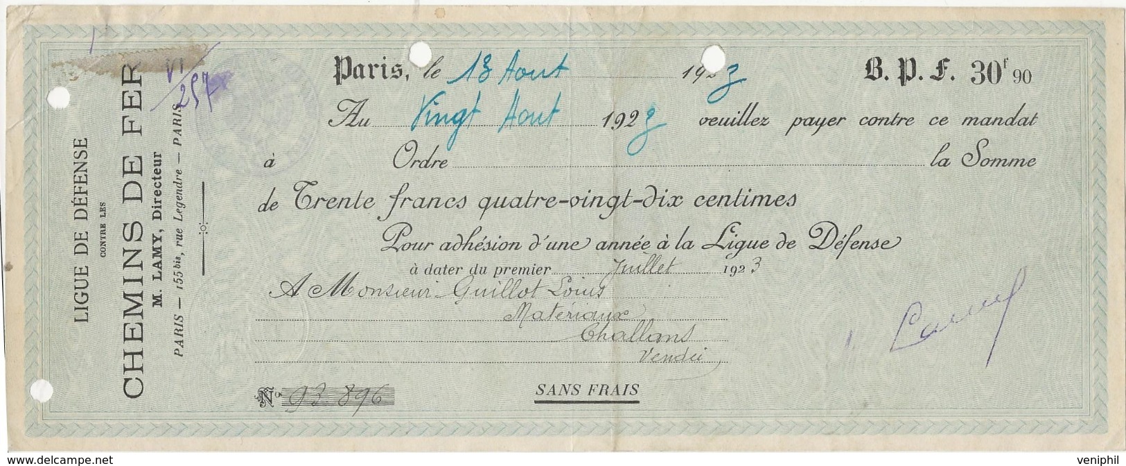 ADHESION CHEQUE MANDAT -LIGUE DE DEFENSE CONTRE LES CHEMINS DE FER -ANNEE 1923ER - Cheques En Traveller's Cheques