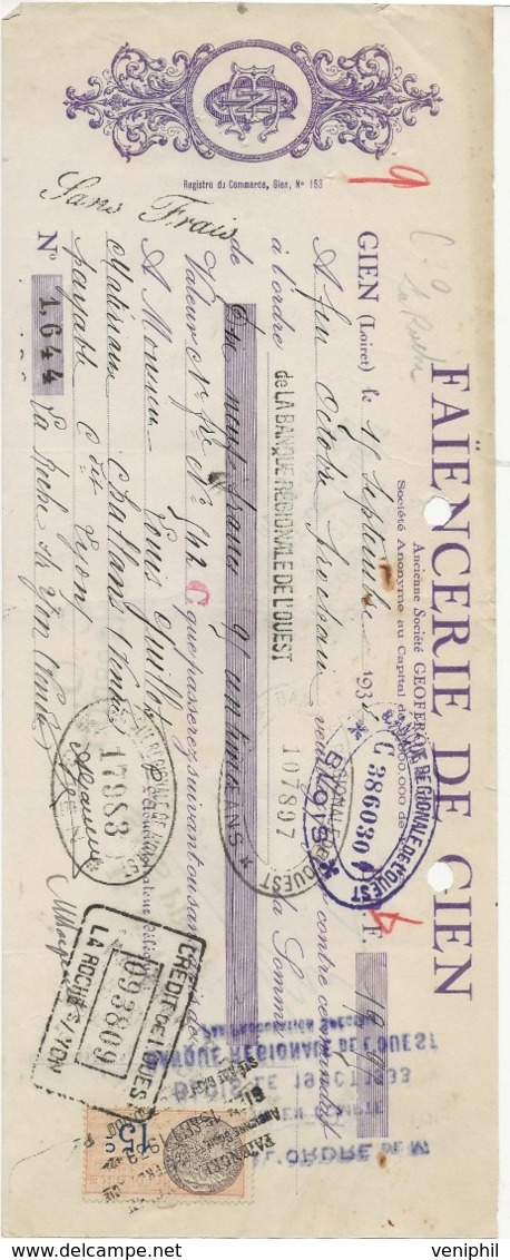 LETTRE DE CHANGE -FAIENCERIE DE GIEN  - ANNEE 1933 - Bills Of Exchange