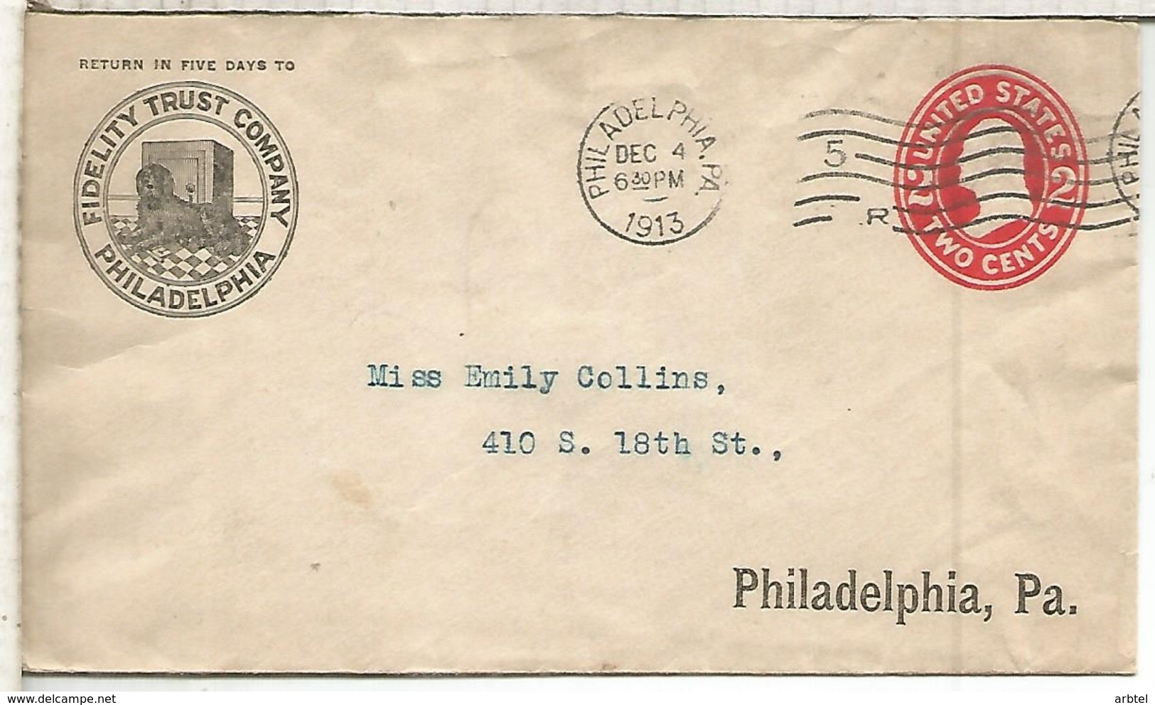 ESTADOS UNIDOS USA 1913 PHILADELPHIA ENTERO POSTAL FIDELITY TRUST PERRO DOG - Perros