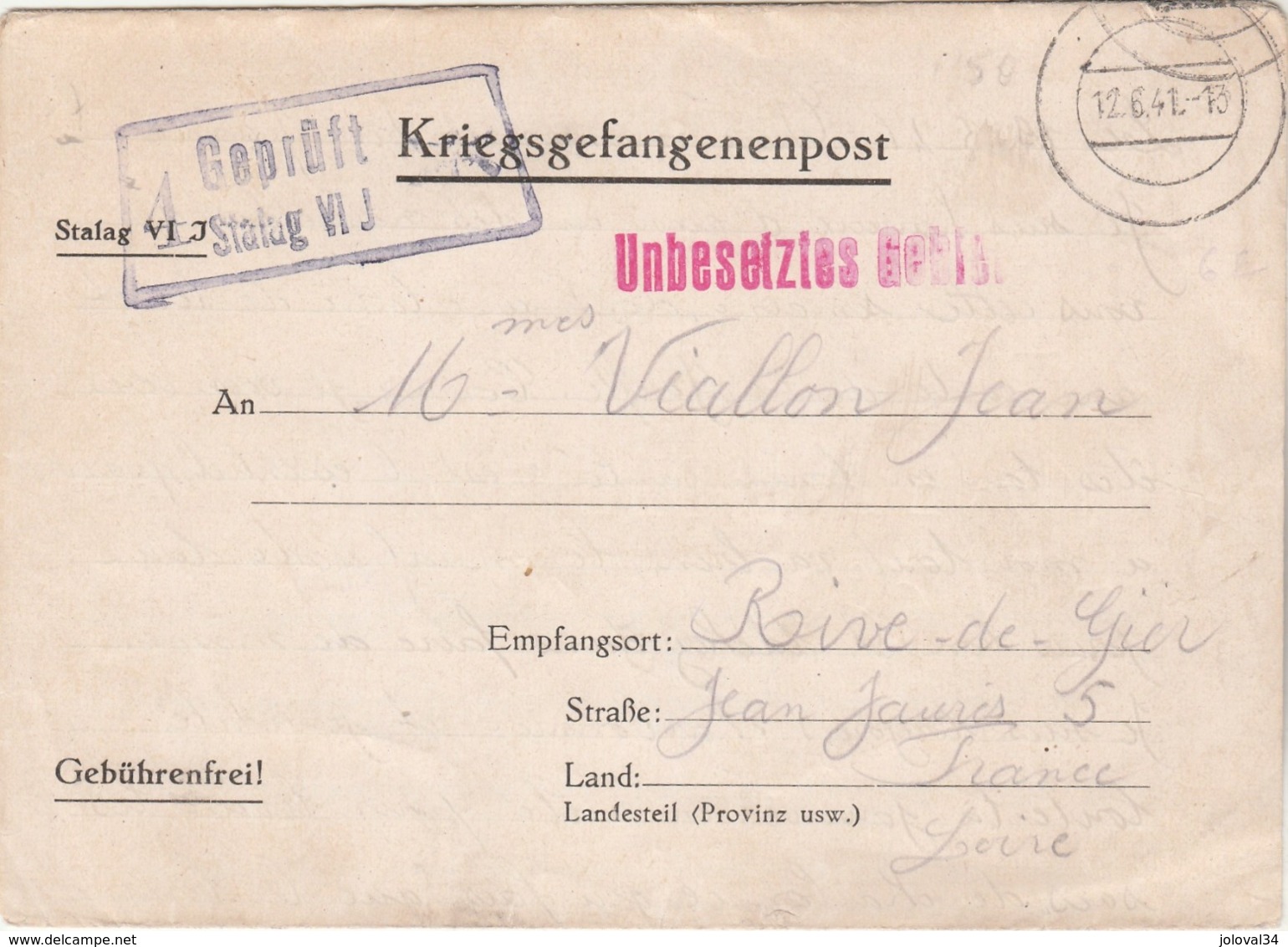 Correspondance Prisonnier De Guerre Lettre Stalag VI J 12/6/1941 à Rive De Gier Loire  - Censure - 2. Weltkrieg 1939-1945