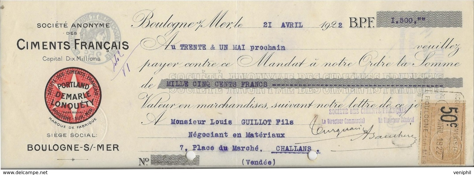 3 LETTRES DE CHANGE - CIMENTS FRANCAIS -BOULOGNE SUR MER -1922-33-54 - Letras De Cambio