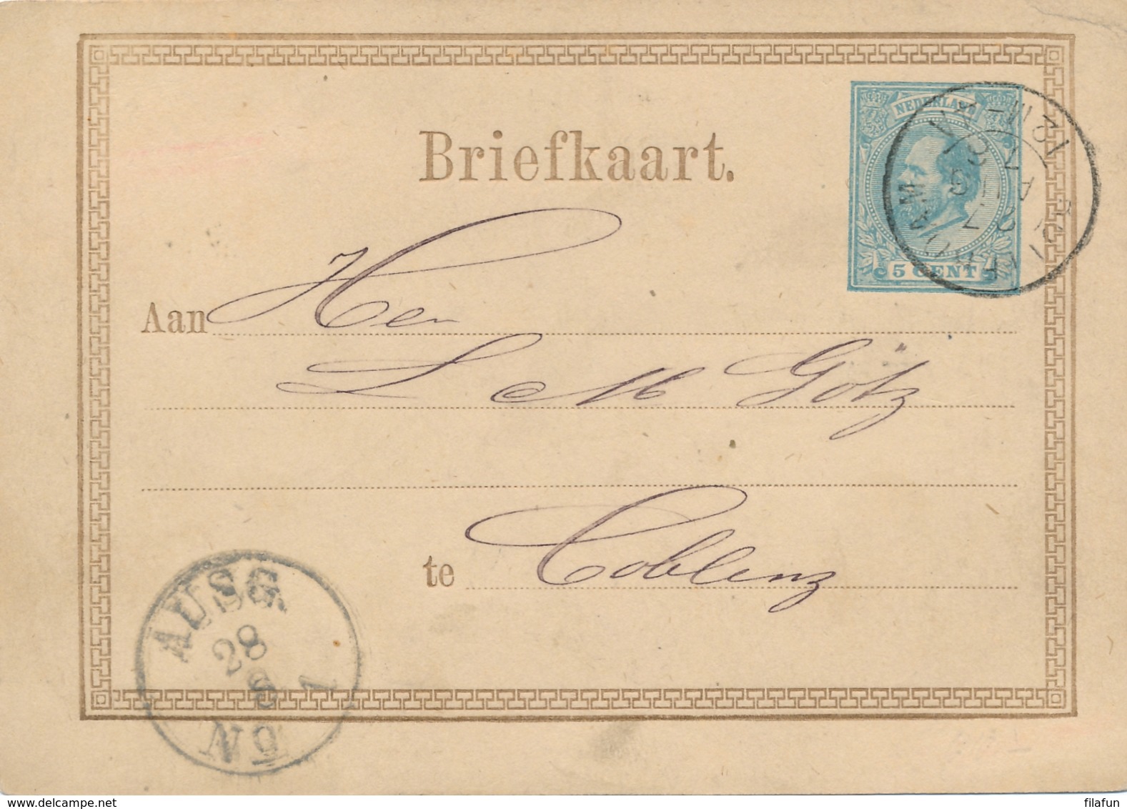 Nederland - 1876 - 5 Cent Willem III, Briefkaart G11 Van Rotterdam Naar Coblenz / Deutschland - Postal Stationery