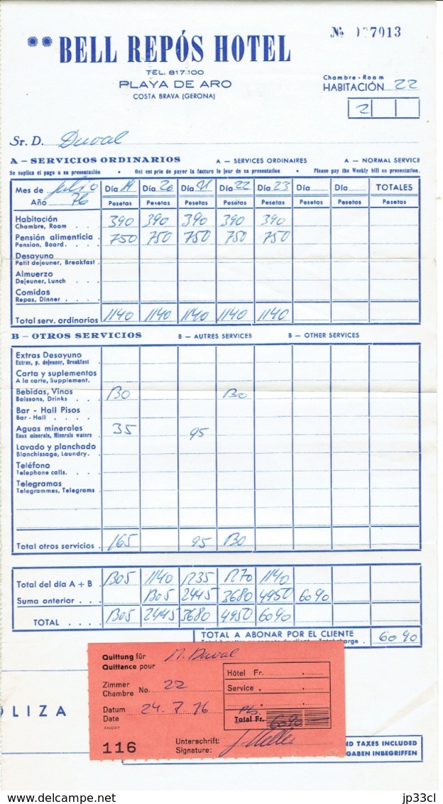 Factura Vieja Del Hotel Bell Repós, Playa De Aro, 24 De Julio 1976 - Spanien