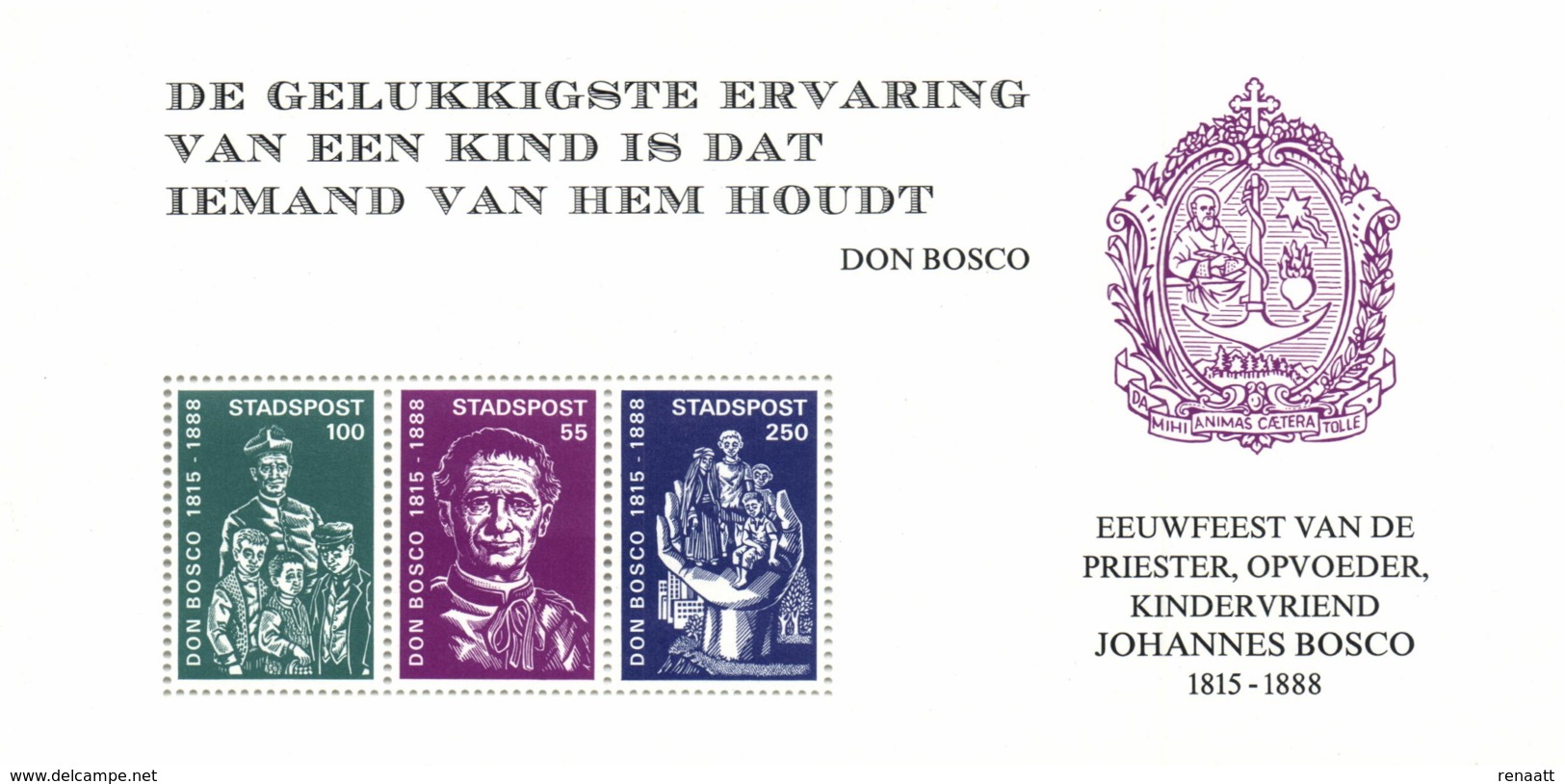 Netherlands 1987 City Post Block MNH, Father John, Don Bosco 1815-1888, Italian Roman Catholic Priest, Educator Children - Christentum