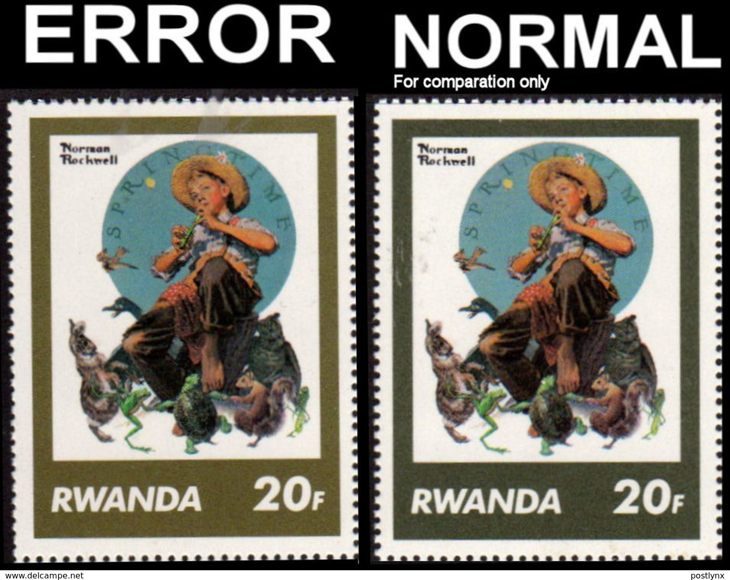 RWANDA 1981 Painting Springtime N.Rockwell 20 F ERROR:wrong Colour Turtle Frog Owl Rabbit Duck Squirrel Cricket - Frogs