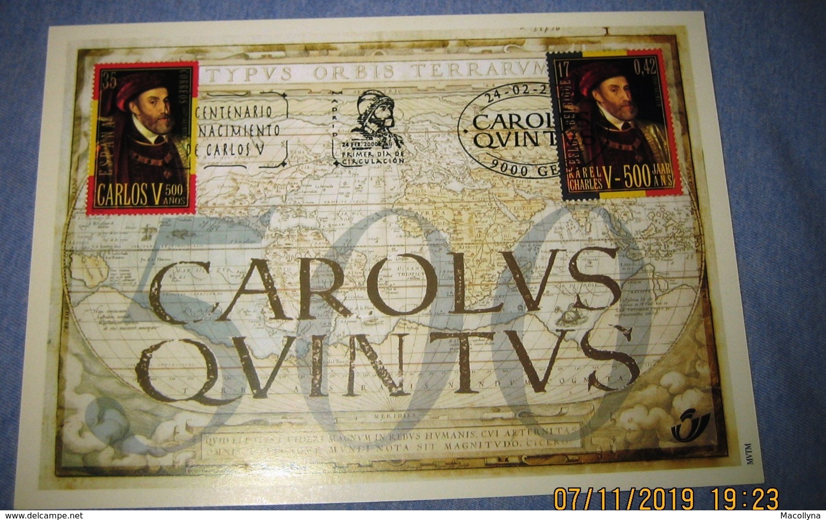 Herdenkingskaart - Carte-souvenir Karel V /Carlos V  2887/88(o) HK Cote 8,5€ België 2000 - Cartas Commemorativas - Emisiones Comunes [HK]