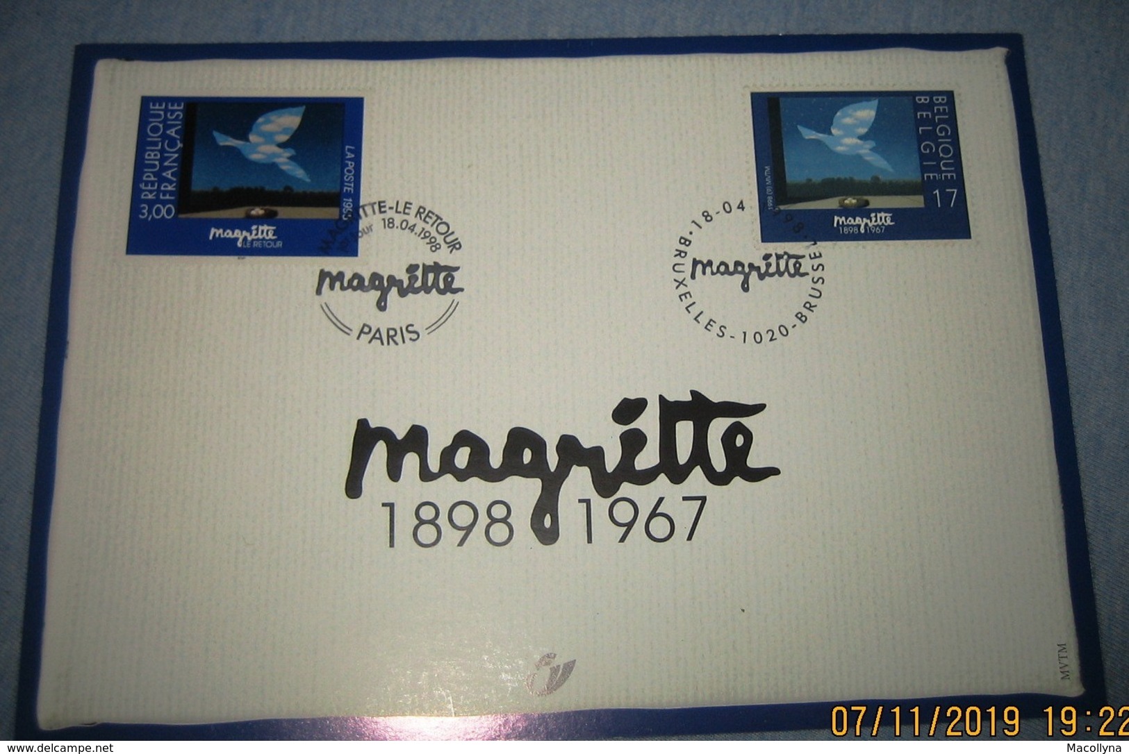 Herdenkingskaart - Carte-souvenir Magritte 2755(o) Cote 8,5€ België 1998 - Souvenir Cards - Joint Issues [HK]