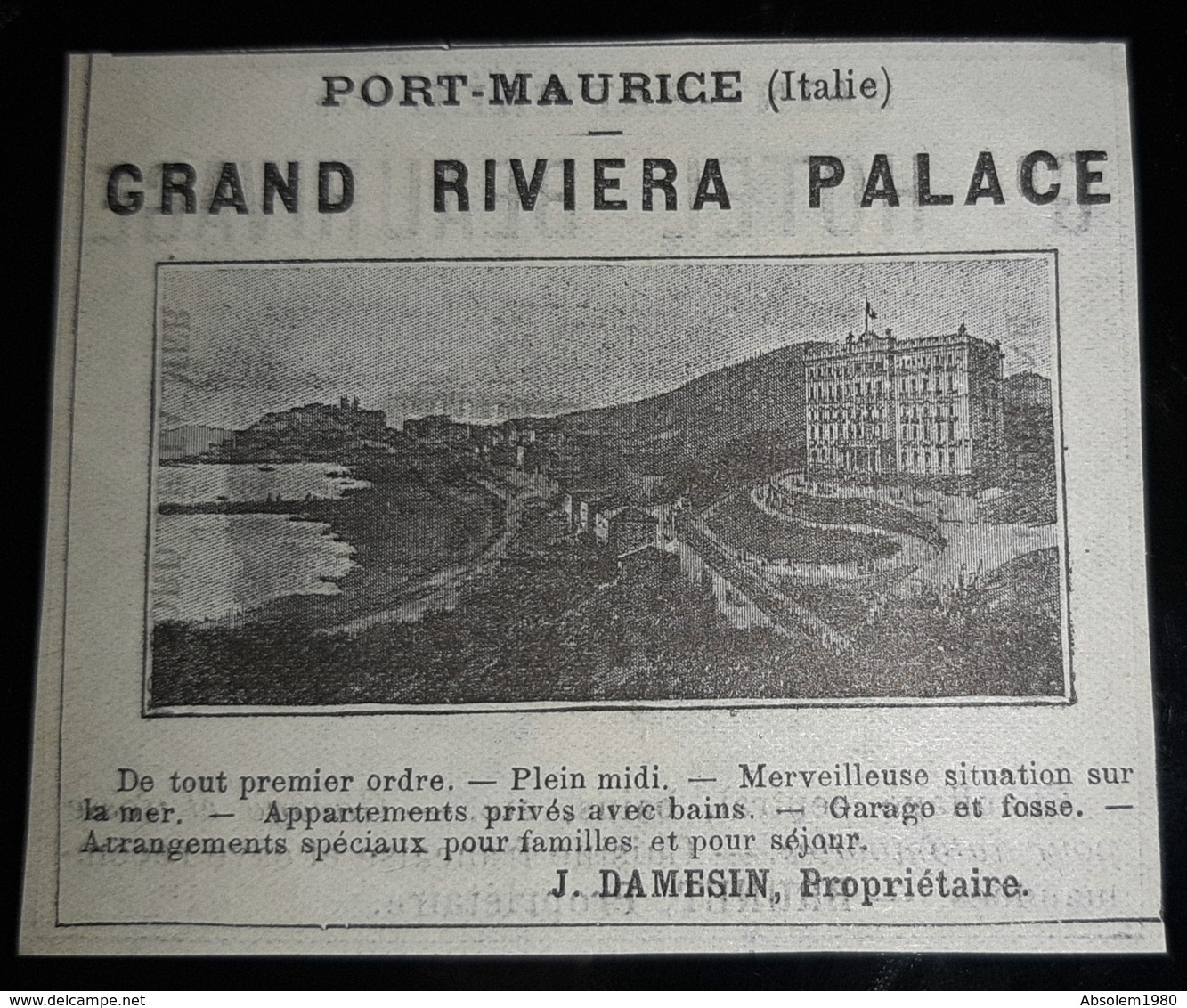 PORT MAURICE ITALIE GRAND RIVIERA PALACE 1907 PORTO MAURIZIO DAMESIN GERANT PUBLICITE ANCIENNE ITALIA PUBBLICITA - Advertising