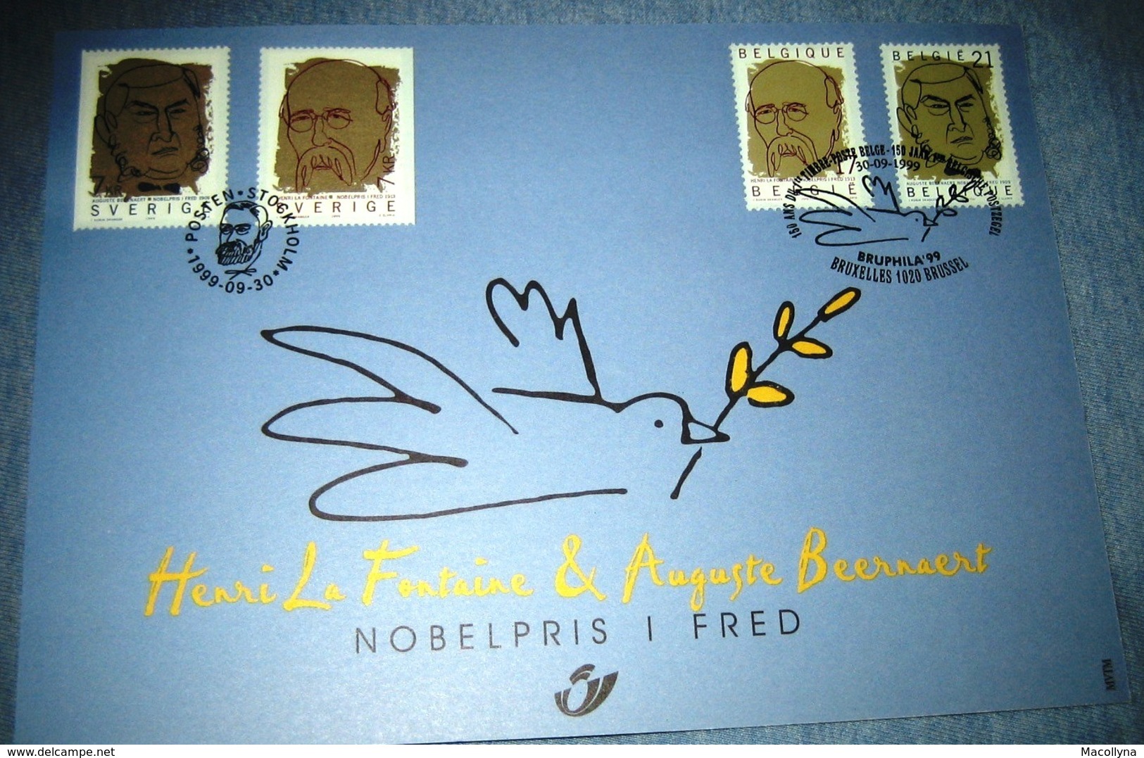 Herdenkingskaart - Carte-souvenir Nobelprijswinnaars 2838/39(o) HK België 1999 - Souvenir Cards - Joint Issues [HK]