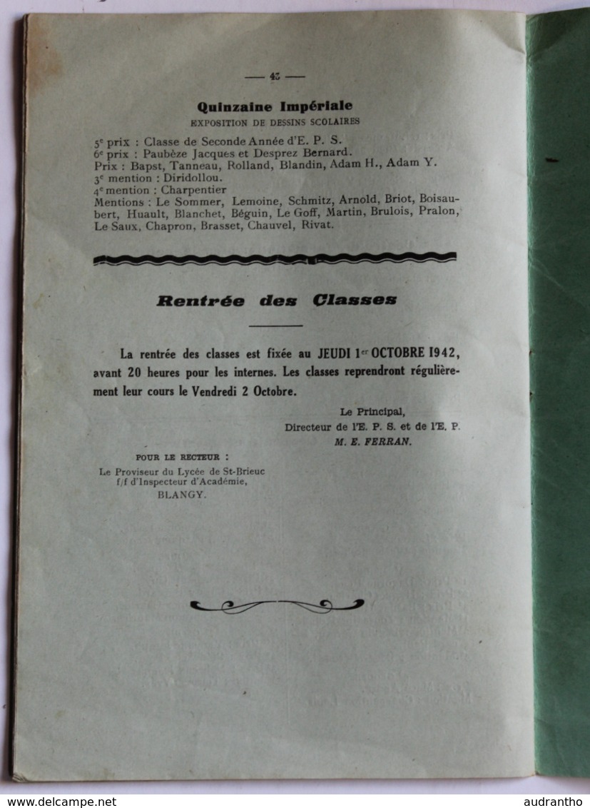 livret rare Collège de Dinan Palmarès de l'année 1941-1942 liste du personnel résultats scolaires