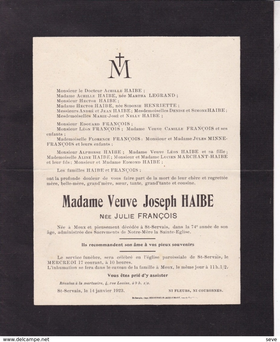 MEUX ST-SERVAIS Julie FRANCOIS Veuve Joseph HAIBE 74 Ans 1923 Famille LEGRAND - Décès