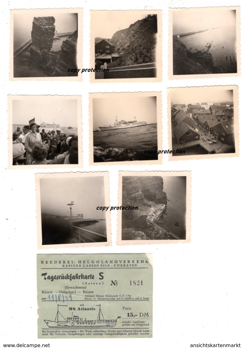 Helgoland, 8 Fotos 1959 Und Tagesrückfahrkarte 1959 - Orte