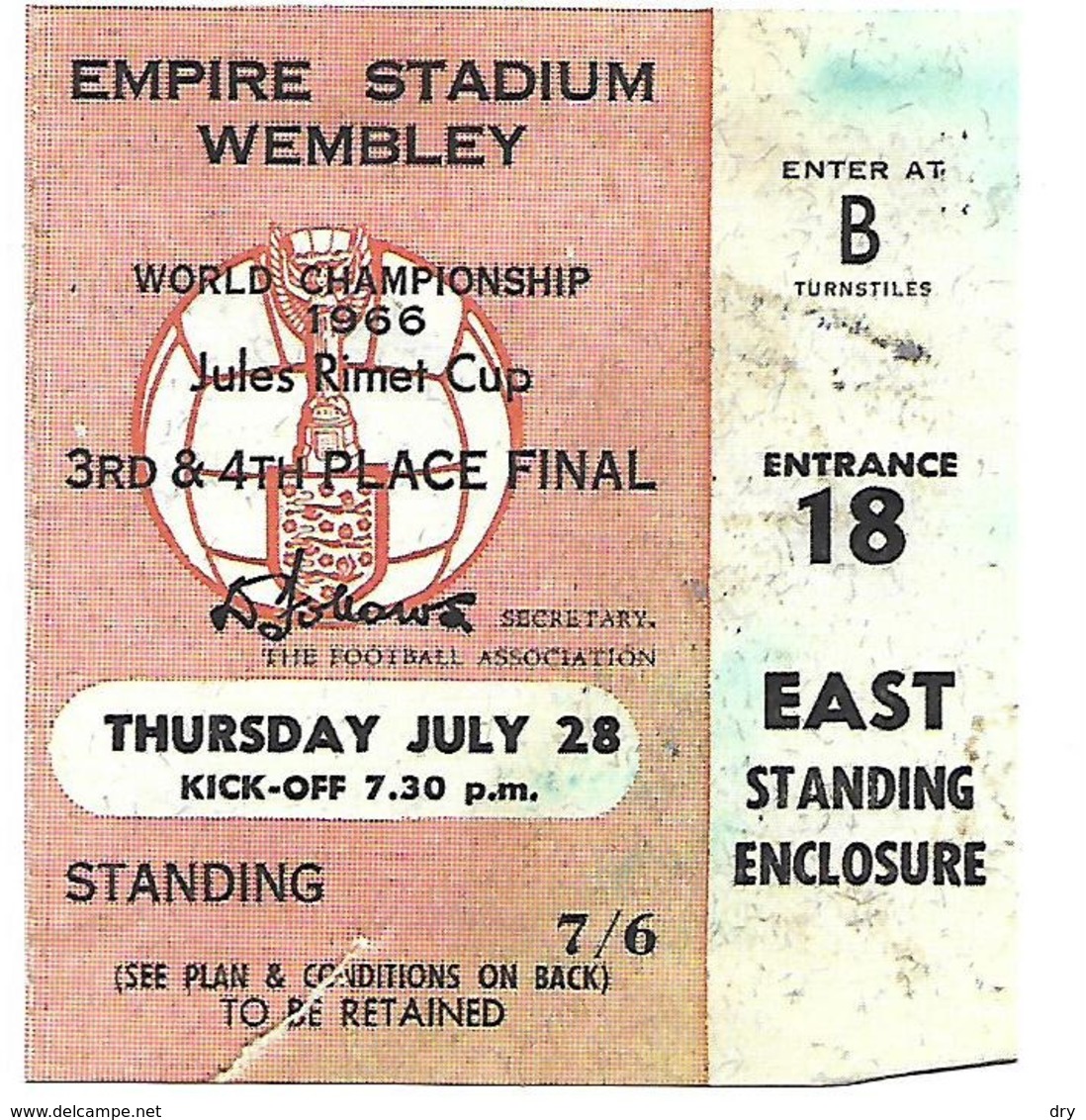 Ticket D'entrée.Coupe Du Monde Foot 1966. 3° Et 4° Places à Wembley Le 28 Juillet. - Toegangskaarten