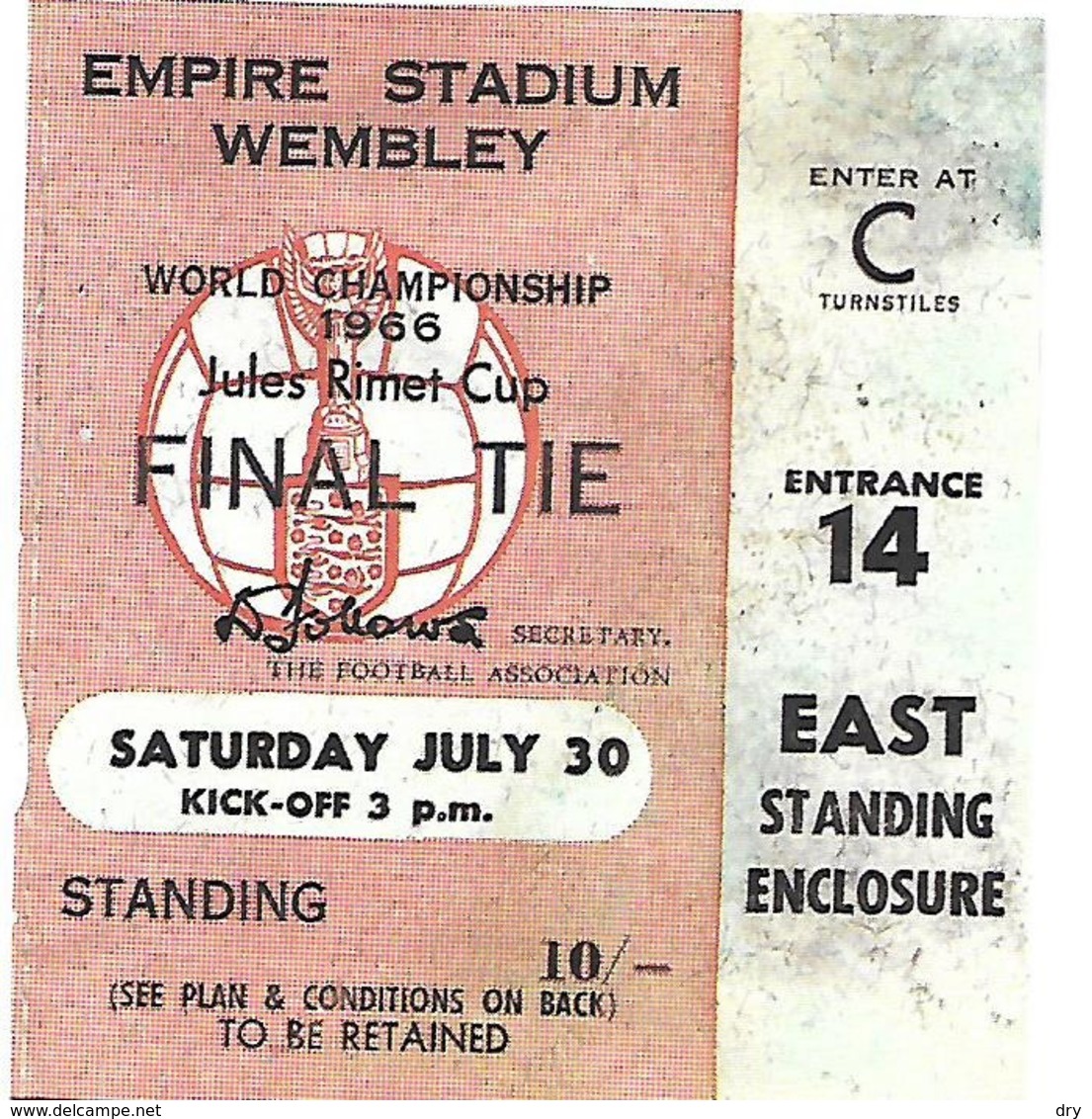 Ticket D'entrée.Coupe Du Monde Foot 1966. Finale à Wembley Le 30 Juillet. - Tickets D'entrée