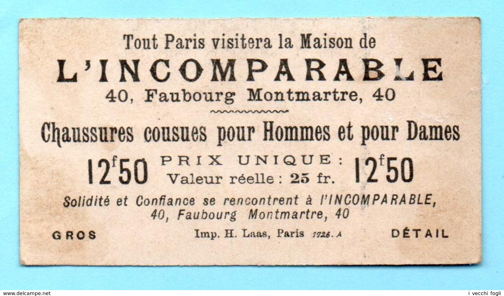 Chromo Petit Format Chaussures Maison De L'Incomparable. Sur La Lune. Fond Doré. Litho H. Laas, Paris - Autres & Non Classés