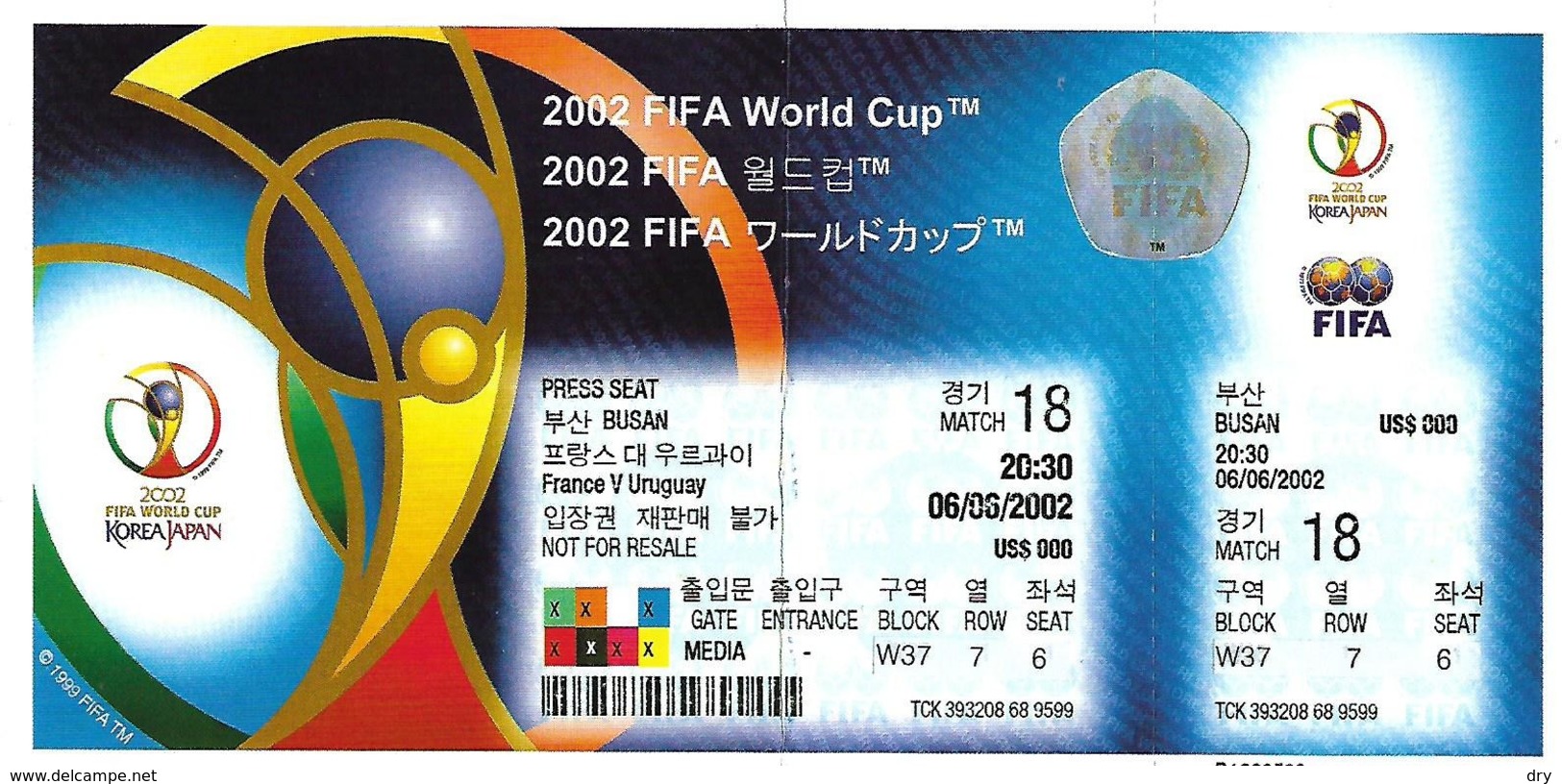Coupe Du Monde De Foot 2002. Ticklet D'entrée Presse Pour France-Uruguay Le 6 Juin. - Toegangskaarten