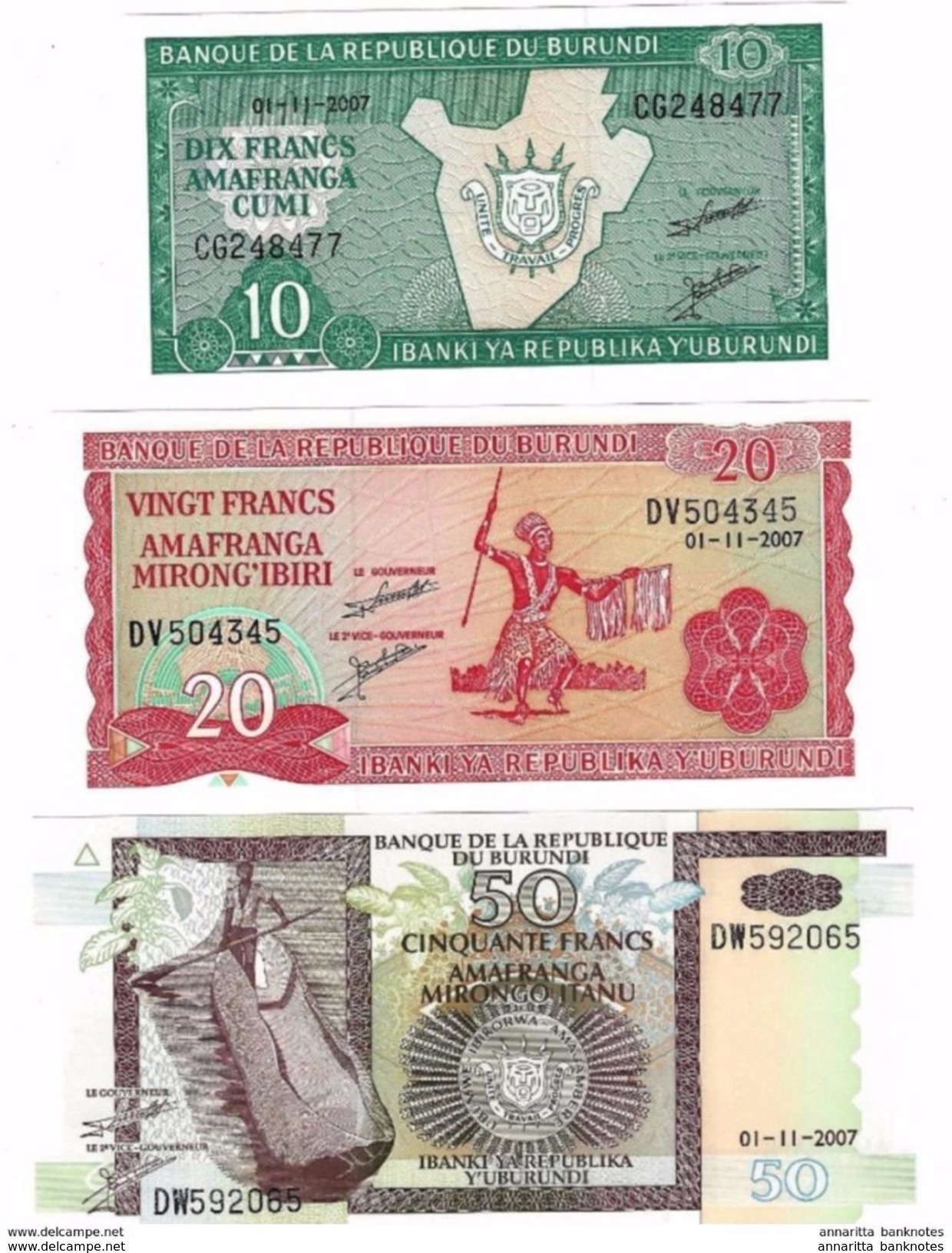 Burundi (BRB) 10 20 50 100 Francs 2007 UNC Cat No P-33,27,36,37 / BI214l, BI215n, BI222g, BI223f - Burundi