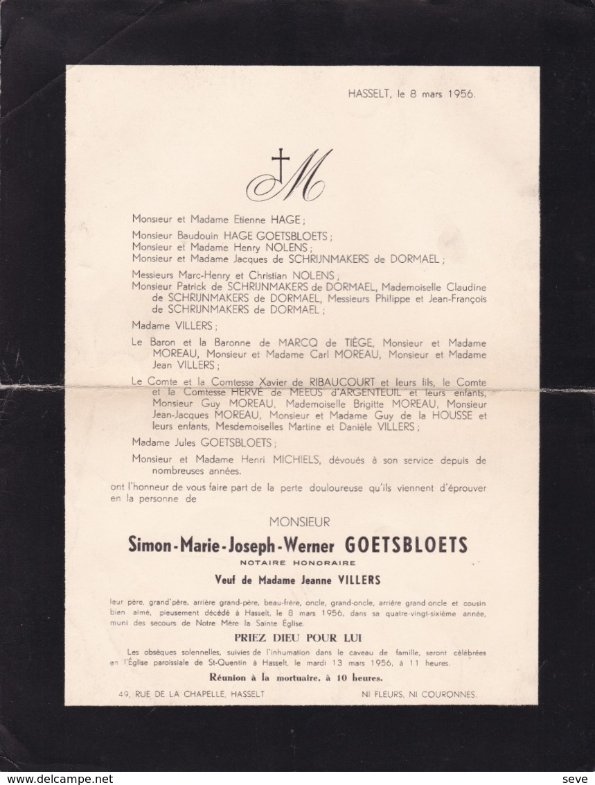 HASSELT Simon GOETSBLOETS Notaire Honoraire Veuf VILLERS 86 Ans 1956 Familles De SCHRIJNMAKERS De DORMAEL - Todesanzeige