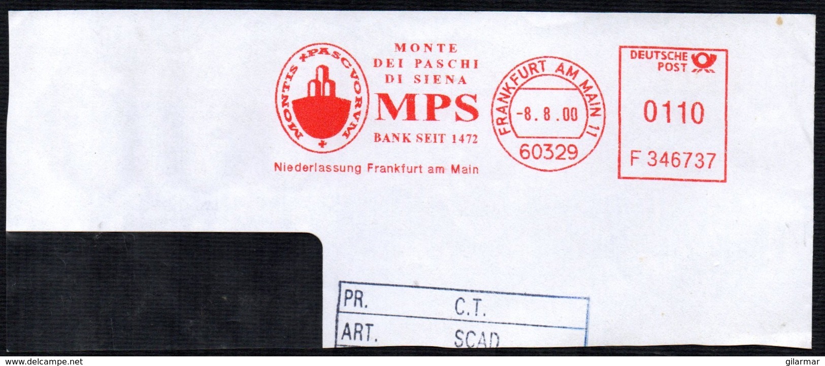 GERMANY FRANKFURT 2000 - METER / EMA  MPS MONTE DEI PASCHI DI SIENA BANK SEIT 1472 - FRAGMENT - Fabbriche E Imprese