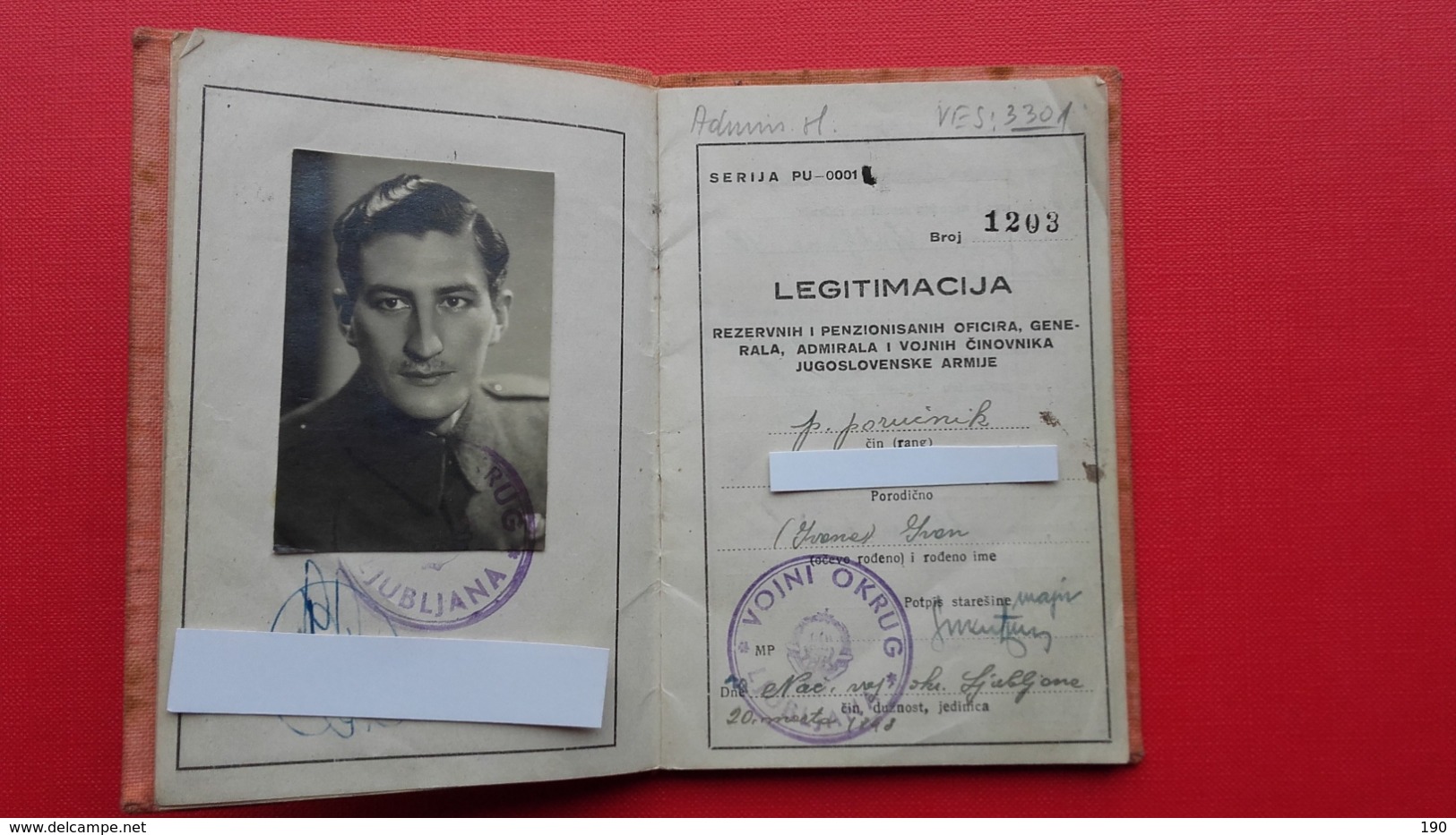 MILITAR Identity Card.Legitimacija Rezervnih I Penzionisanih Oficira,....JUGOSLOVENSKE ARMIJE.VOJNI OKRUG LJUBLJANA - Décrets & Lois