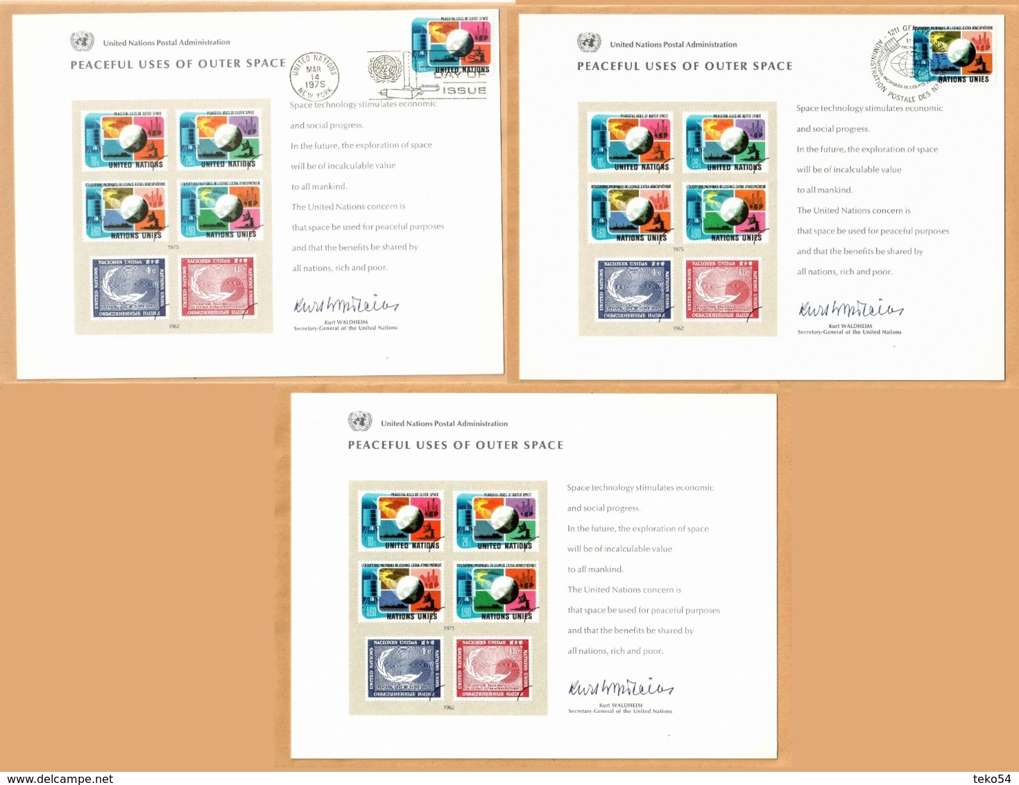 U.N. New York / UNO New York: 1975-Peaceful Uses Of Outer Space, 3 Verschiedene FDI-Maximumkarten, S. Scan - Maximum Cards