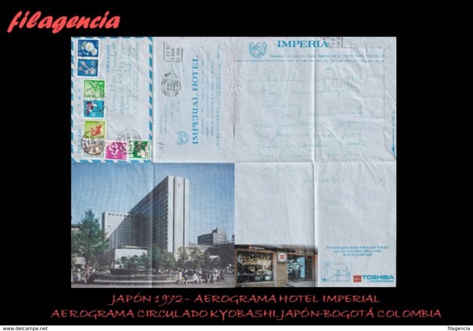 ASIA. JAPÓN. ENTEROS POSTALES. AEROGRAMA 1972. HOTEL IMPERIAL. AEROGRAMA CIRCULADO KYOBASHI. JAPÓN-BOGOTÁ. COLOMBIA - Aerogramas