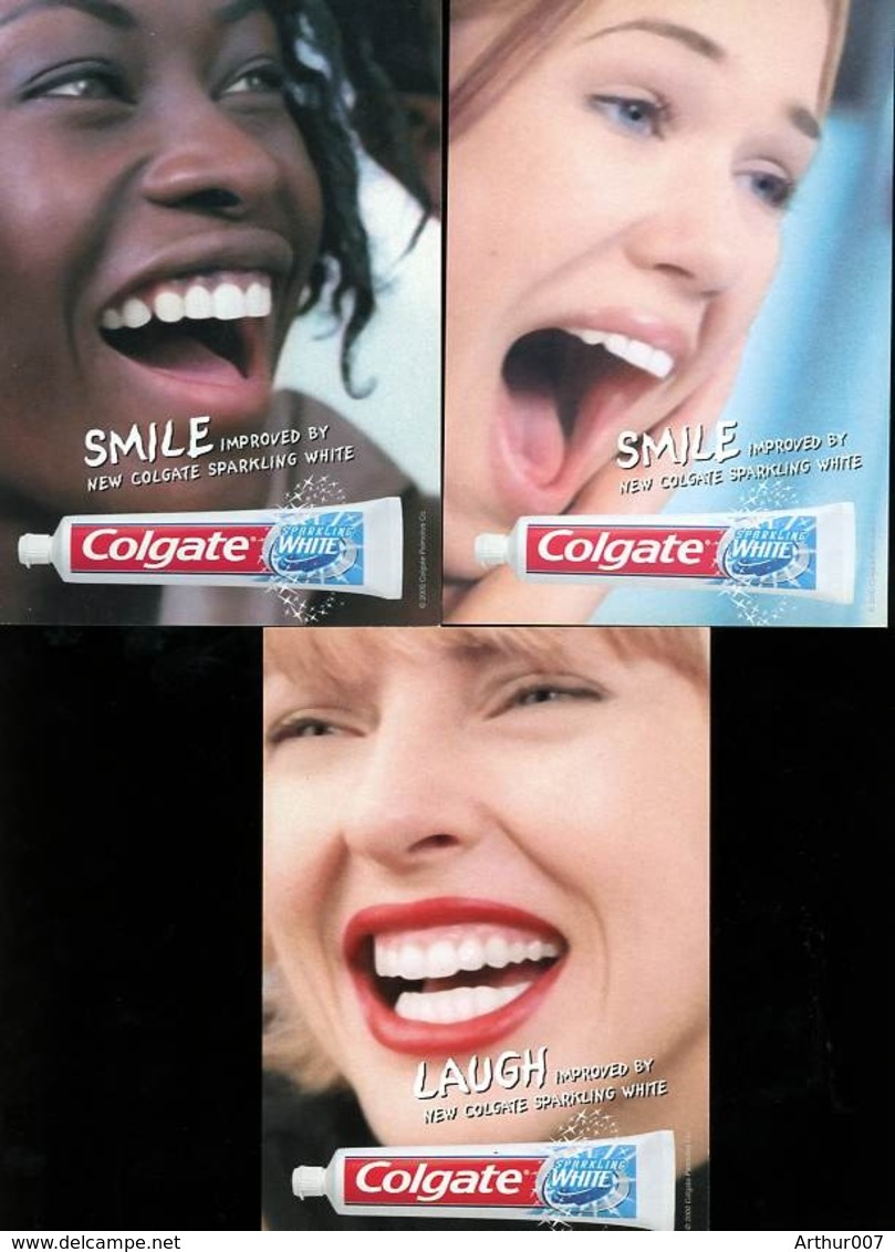 Serie 3 Pub Dentifrice Colgate Sparkling White Visage Femme  Dent Bouche Etc USA 2000 - Publicité