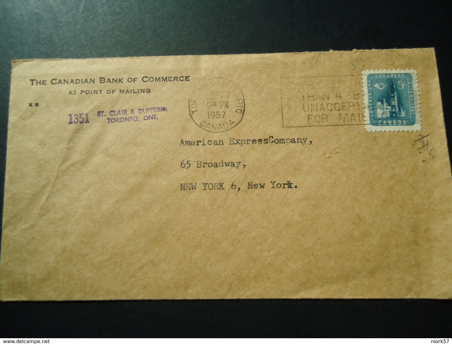 CANADA 1957 COVER  CANADIAN BANK - HerdenkingsOmslagen