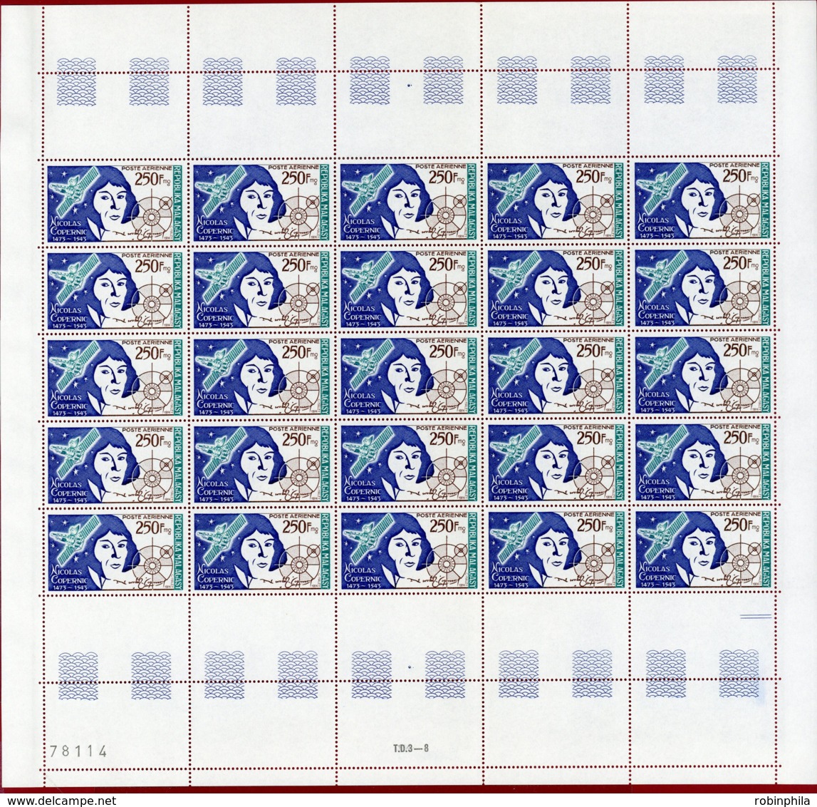 Malagasy Rep 1974 #C121, Sheet Of 25, Copernicus, Astronomer, SCV $100.00 - Madagascar (1960-...)