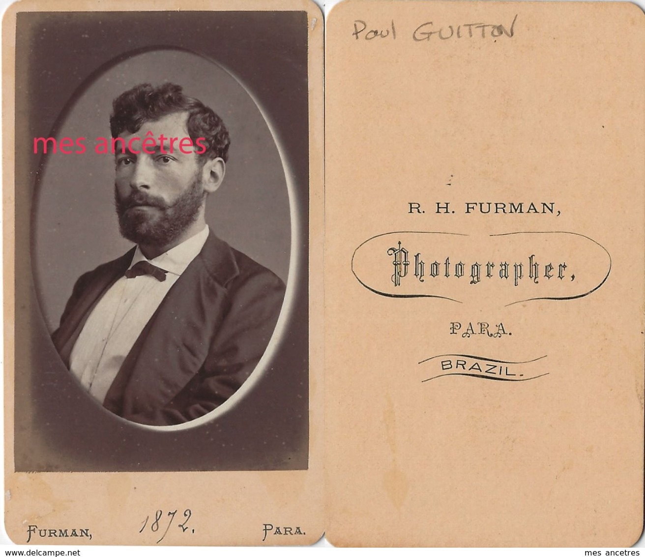 Brésil 1872-Famille GUITTON-CDV Paul 1848-1919 Fils D'Etienne Et Thaïs DUPONT DES JUMEAUX Ep Da Silva-photo Furman  PARA - Alte (vor 1900)