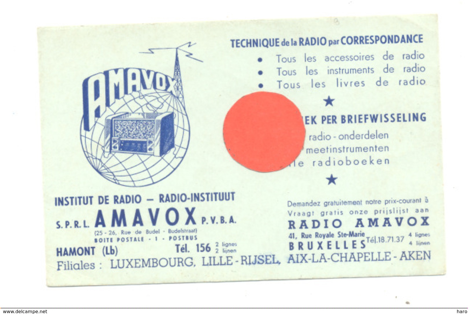 Buvard ( Format Carte Postale ) " AMAVOX " Institut De Radio, Technique De Radio - Hamont, Bruxelles,...(b268) - Autres & Non Classés