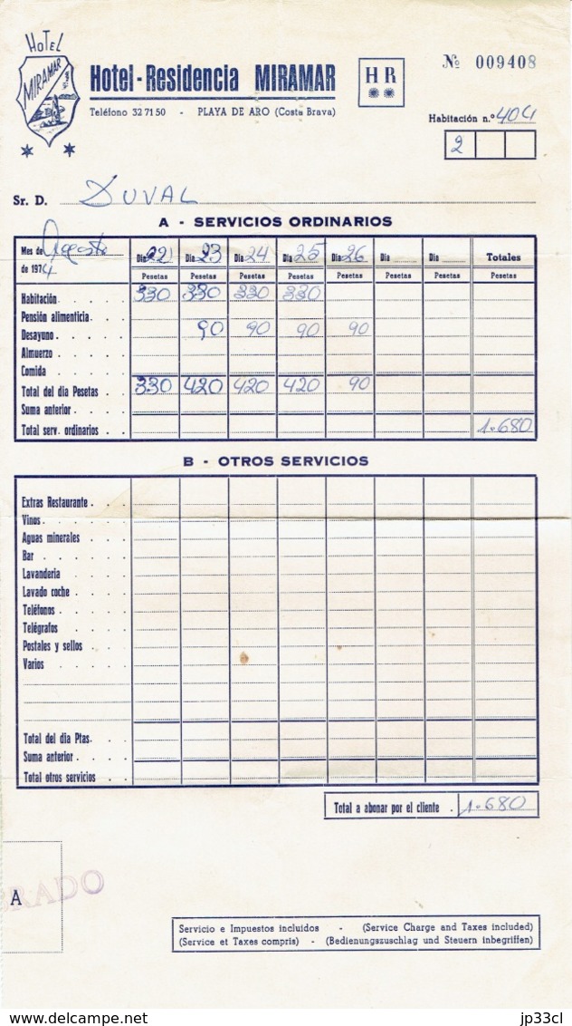 Factura Vieja Del Hotel Residencia Miramar, Playa De Aro, 26/8/1974 - Spain