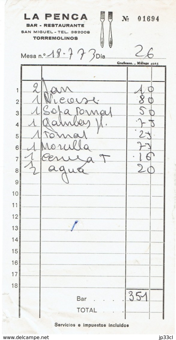 Factura Vieja Del Bar Restaurante La Penca, San Miguel, Torremolinos, (18/7/1973) - Spanien