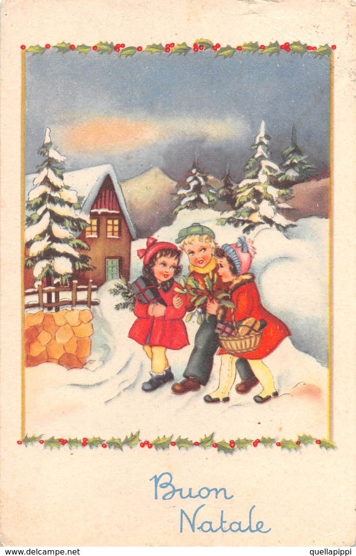 09694 "BUON NATALE" BAMBINI, PANIERE, DONI, MUSCHIO. CART SPED 1955 - Altri & Non Classificati