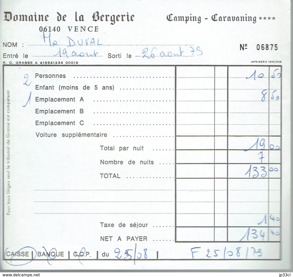 Ancienne Facture Du Camping Caravaning Domaine De La Bergerie, Vence (26/8/1979) - Sports & Tourisme