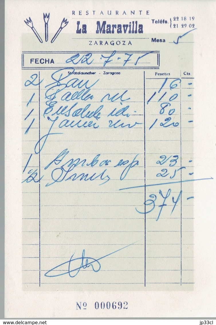 Factura Vieja Del Restaurante La Maravilla, Zaragoza (22/7/1975) - Espagne