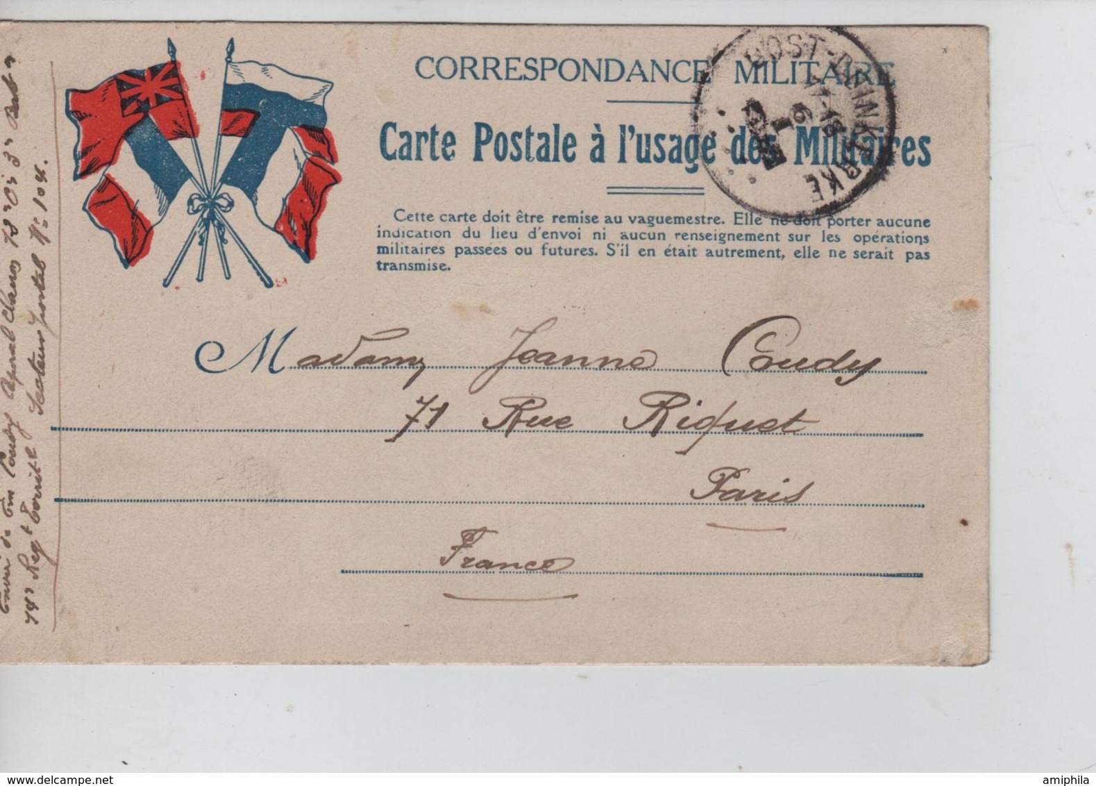 CBPN40/ CP Française Pour Militaire Secteur Postal 104 Datée 6/1/1915 C.Oost-Duinkerke Année Barrée > Paris - Not Occupied Zone