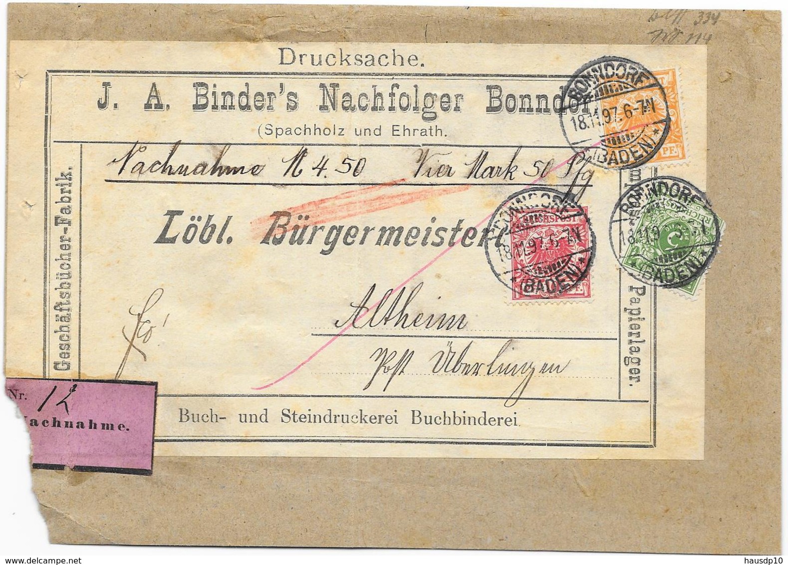 DR Brief Drucksache Krone/Adler Mif. Nachnahme Mi.46,47,49 Bonndorf Baden 1897 - Briefe U. Dokumente