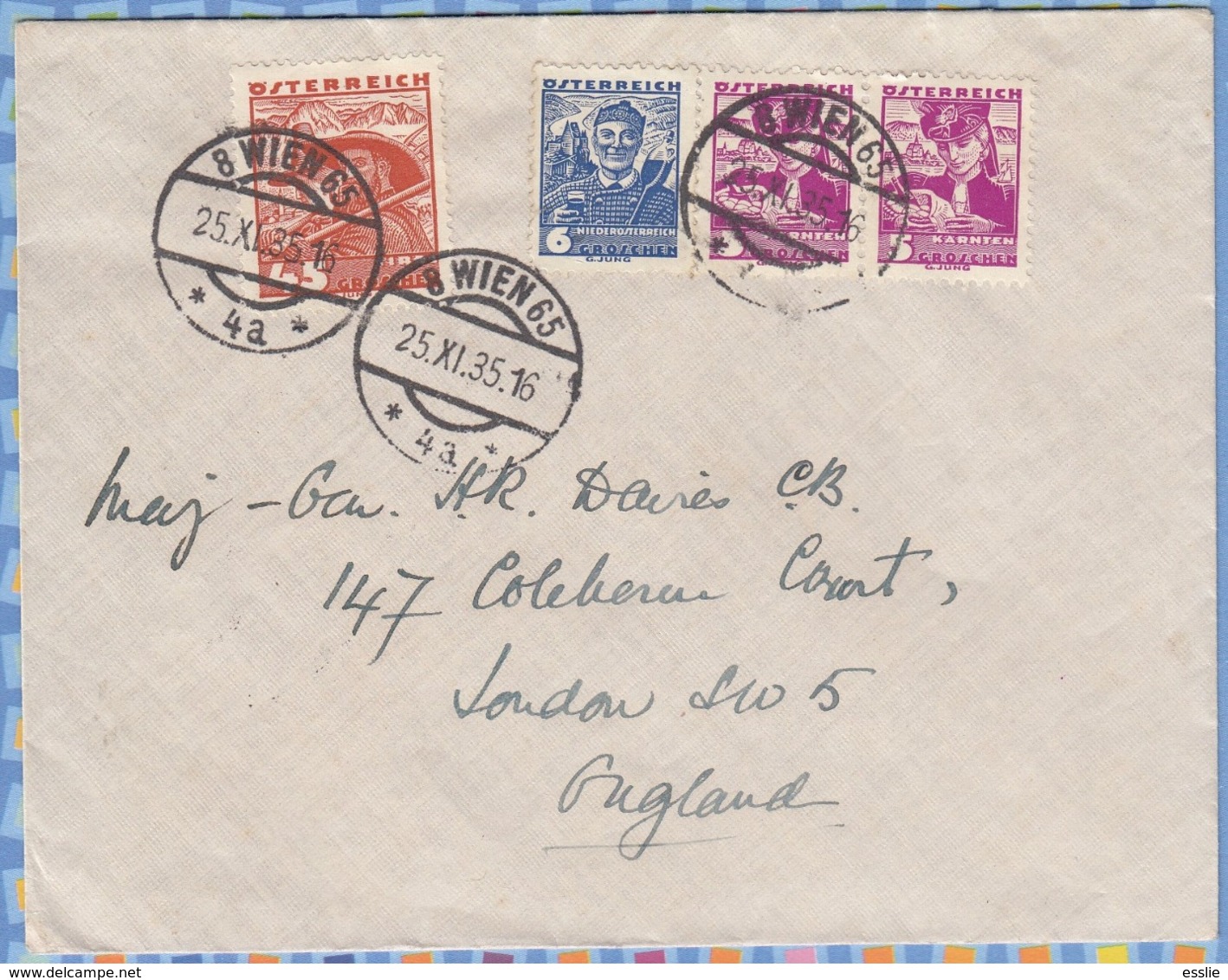 Austria On Cover England - 1935 (1934) - Costumes Of Various Districts Carinthia Lower Austria Tyrol - Briefe U. Dokumente