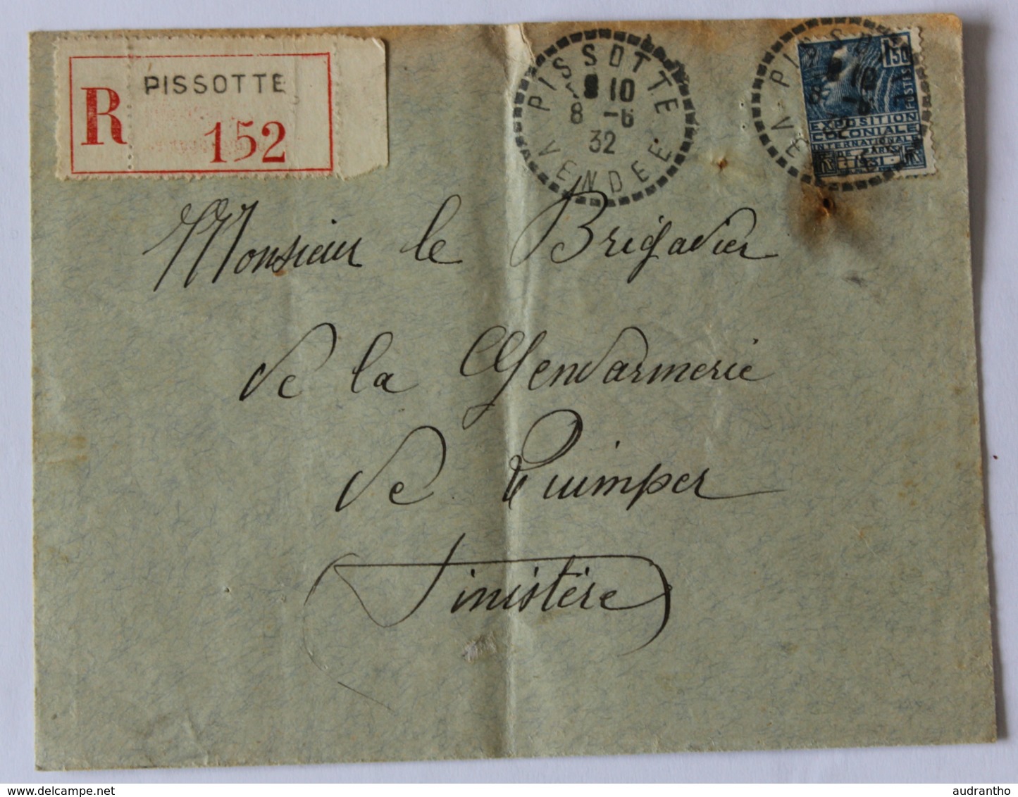 Enveloppe Courrier Recommandé De Pissotte 1932 Brigadier De La Gendarmerie De Quimper - Polizia