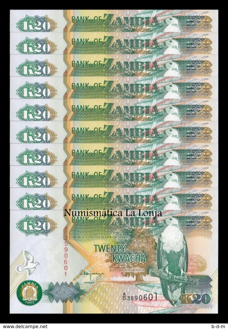 Zambia Lot Bundle 10 Banknotes 20 Kwacha 1992 Pick 36b Sign 11 SC UNC - Zambia