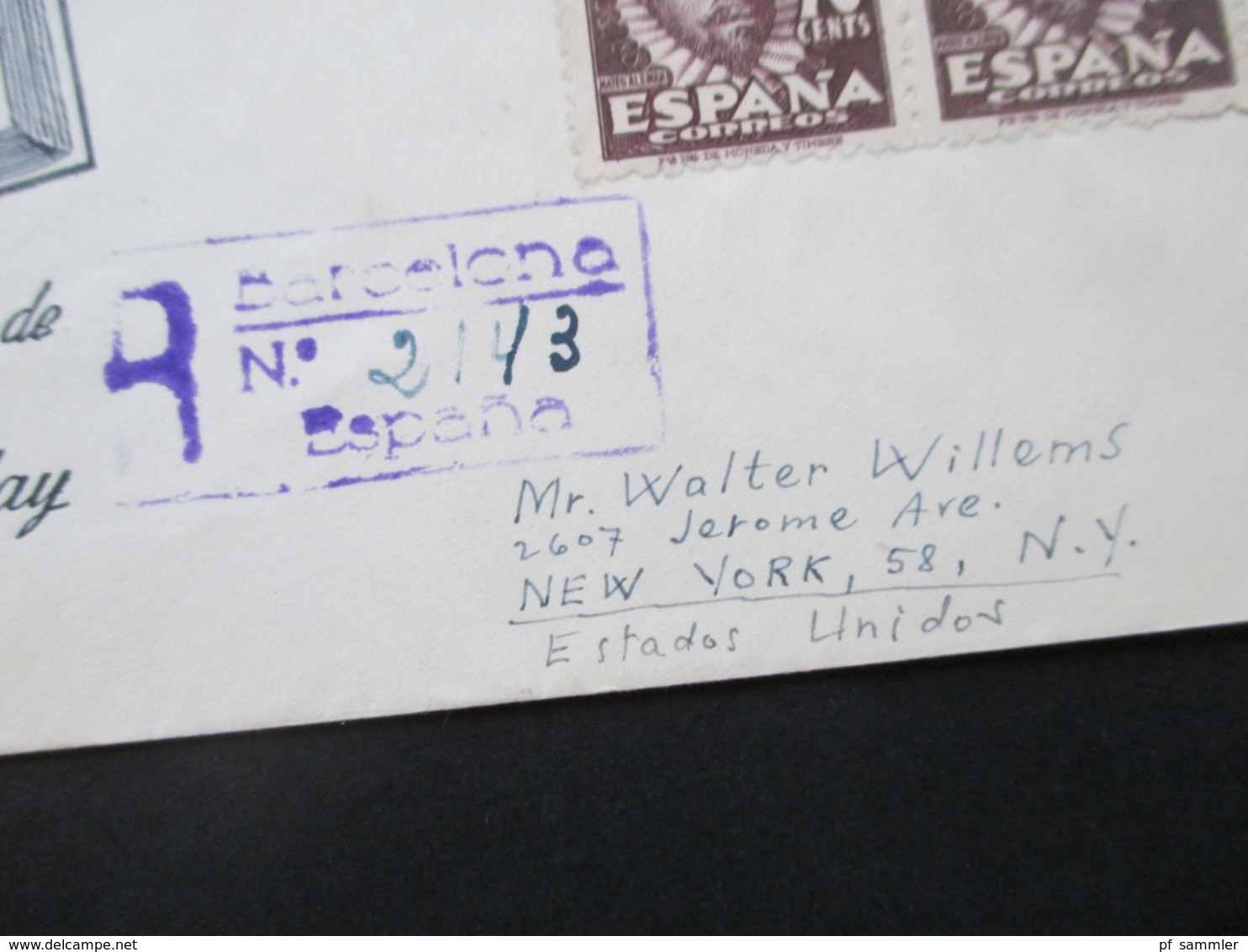 Spanien 1948 FDC Nr. 954 Als 4er Block Als Einschreiben Aus Barcelona In Die USA New York Luftpost! 3 Ak Stempel - Covers & Documents