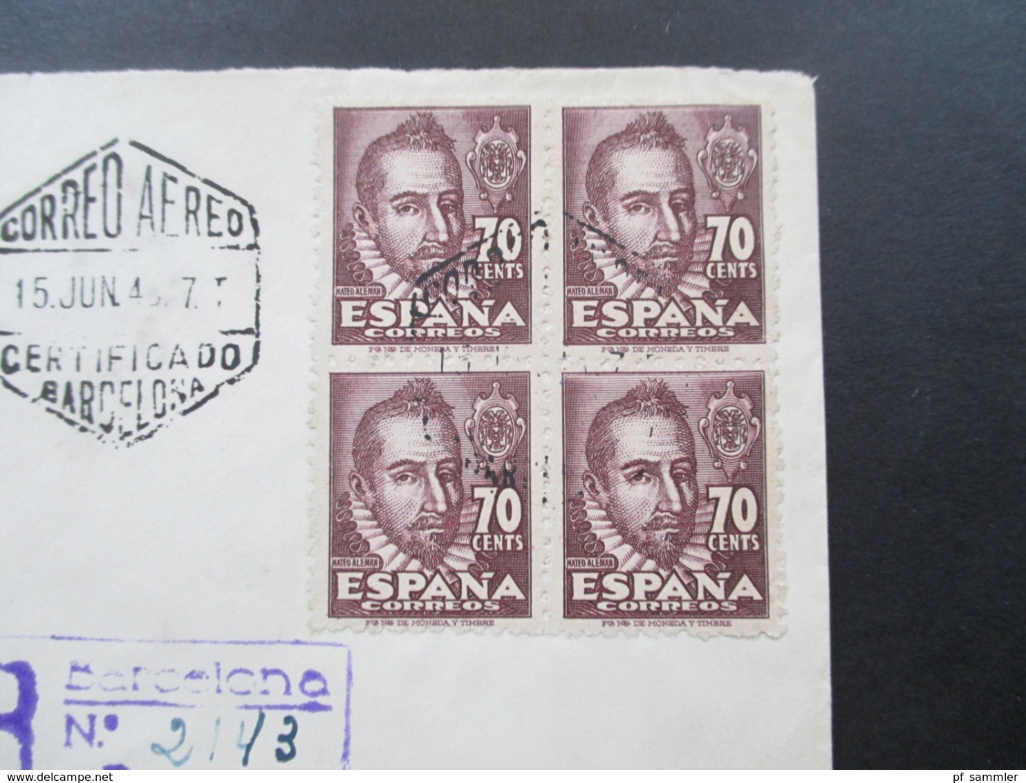 Spanien 1948 FDC Nr. 954 Als 4er Block Als Einschreiben Aus Barcelona In Die USA New York Luftpost! 3 Ak Stempel - Cartas & Documentos