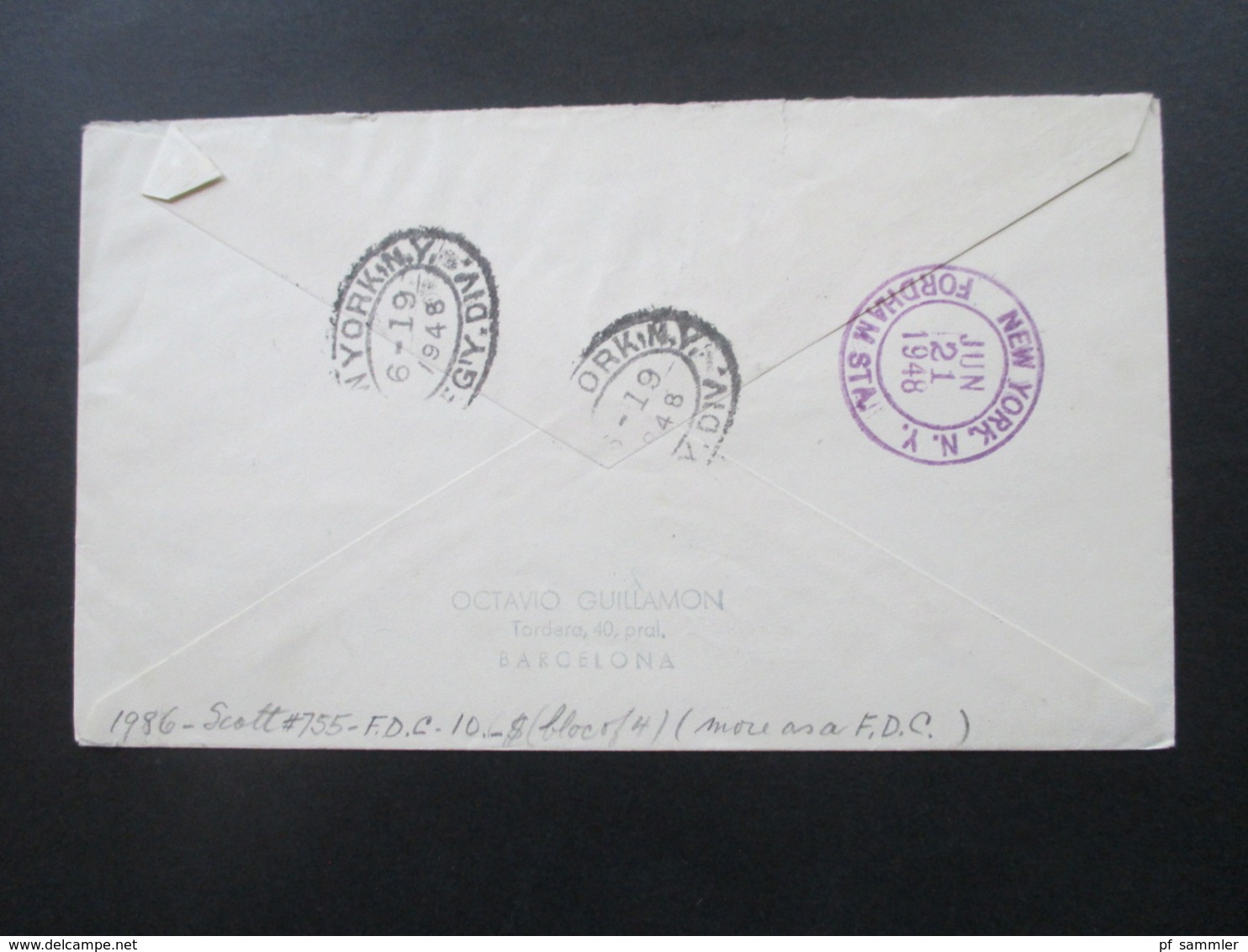 Spanien 1948 FDC Nr. 954 Als 4er Block Als Einschreiben Aus Barcelona In Die USA New York Luftpost! 3 Ak Stempel - Cartas & Documentos