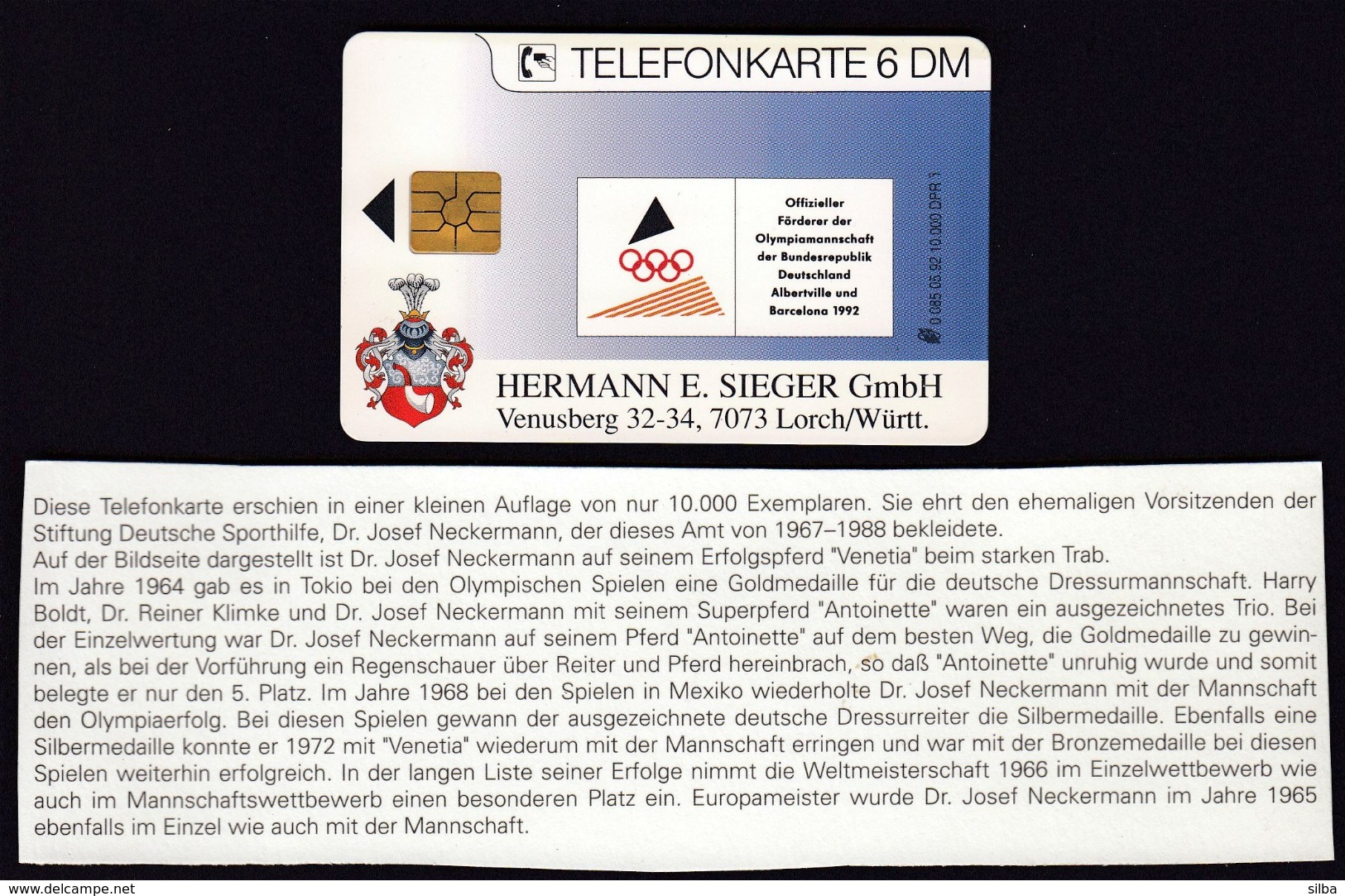 Germany 1992 / Olympic Games Tokyo 1964 / Josef Neckermann,Gold Medal / Equestrian Dressage / Phonecard - Jeux Olympiques